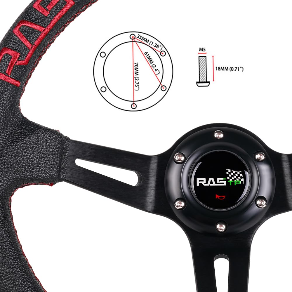 RASTP Universal Racing Steering Wheel,Deep Dish Steering Wheel Leather Embroidery 13.58”/345mm 6 Bolts with Horn Button Include Cable, Wrench,Black