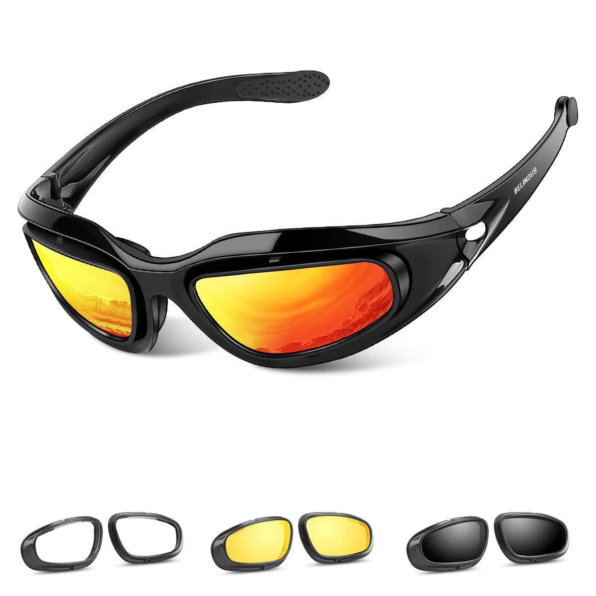 Belinous Polarized Motorcycle Riding Glasses Goggles For Men Foam Padding, Windproof Anti-Dust Sunglasses W/ 4 Interchangeable L