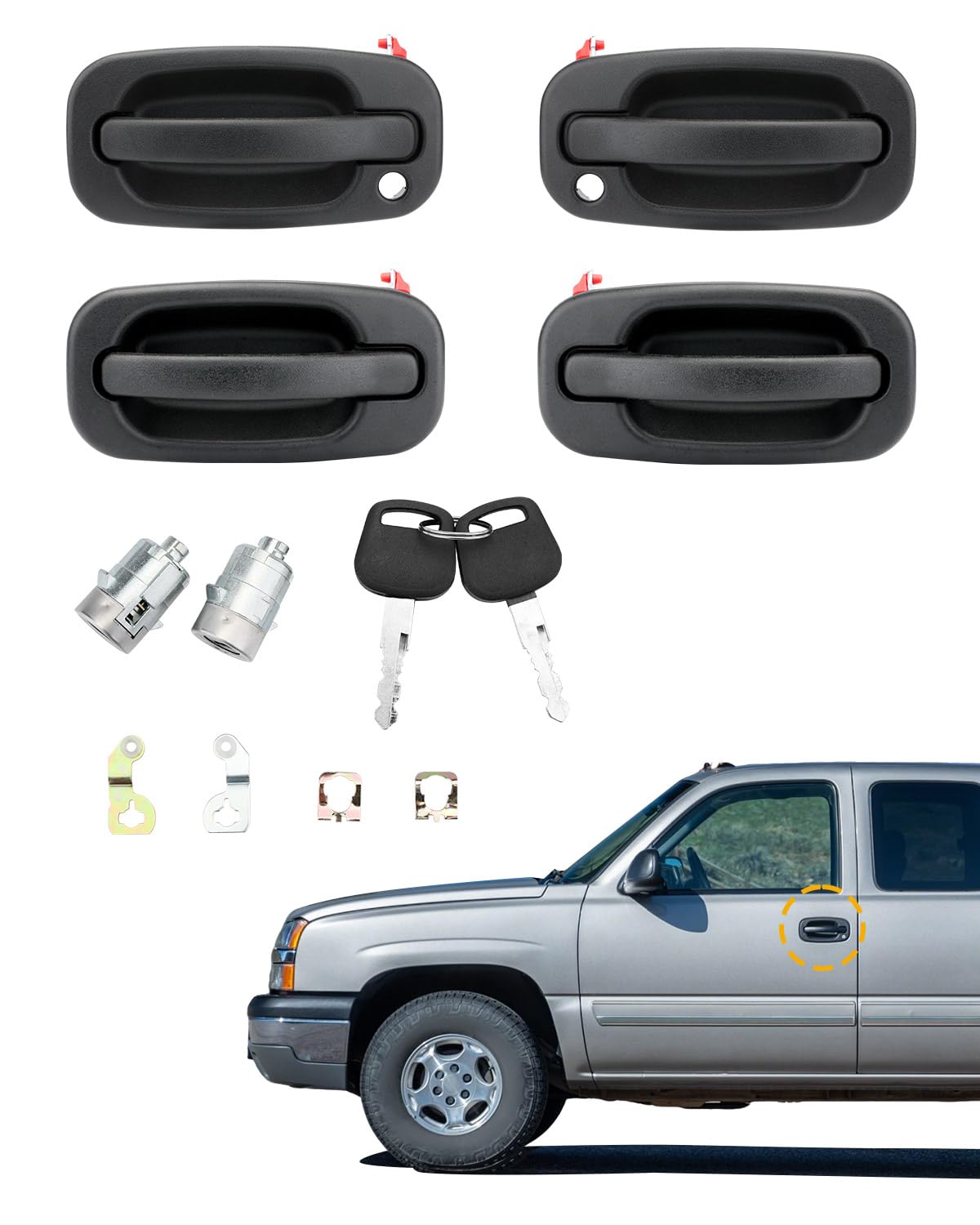 Exterior Door Handle Set (4Pcs), W/Lock Cylinders & Keys, For 1999-2007 Chevy Silverado Suburban Tahoe Avalanche Gmc Sierra Yuko