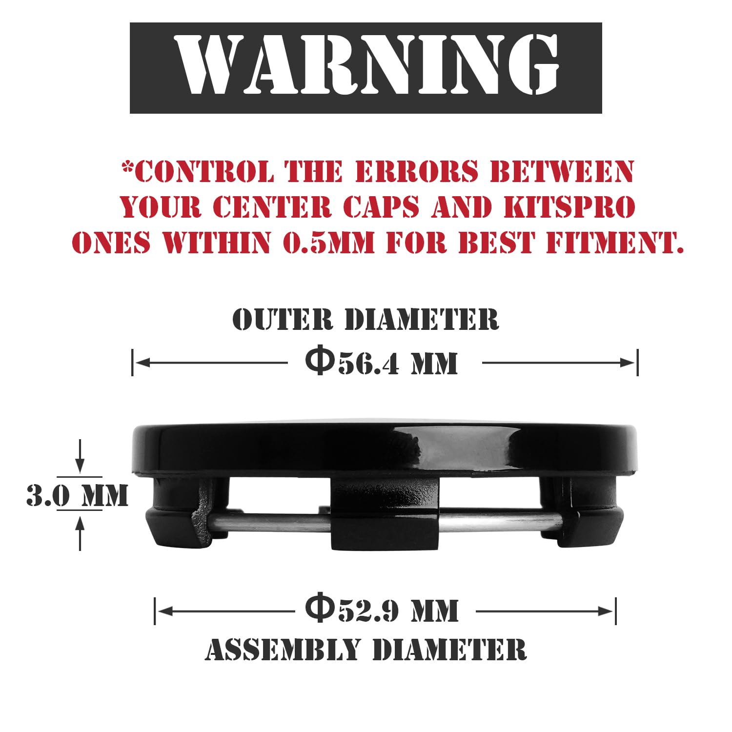 Kitspro 2.2Inch 56Mm Wheel Center Caps, Pack Of 4 (Gloss Black, Outer 56Mm, Inner 53Mm)