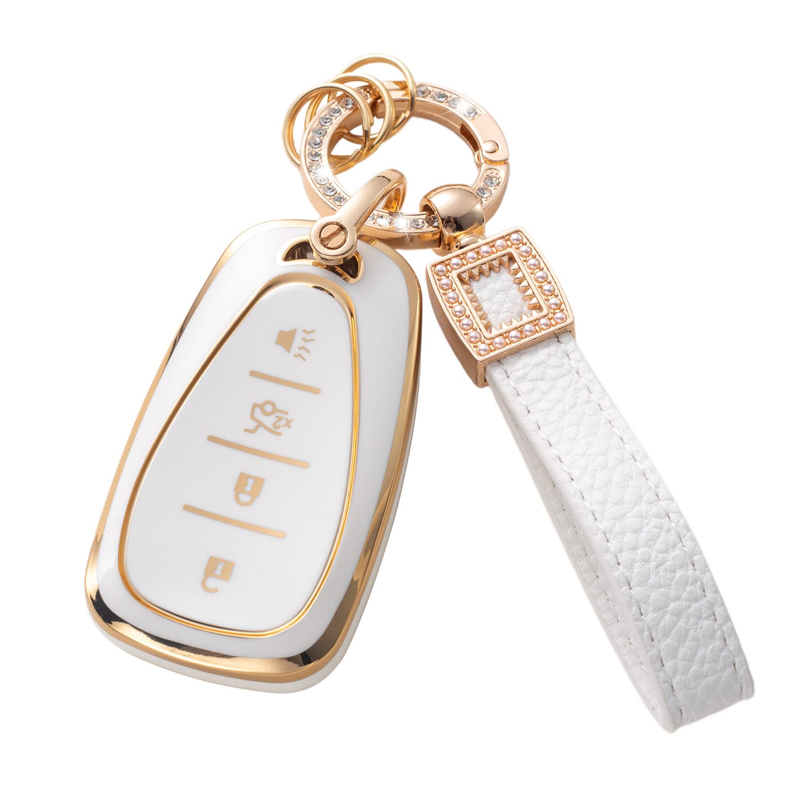 CACARLIKE for Chevy Key Fob Cover with Leather Lanyard, Car Key Fob Case Compatible with Chevrolet Malibu Equinox Traverse Camar