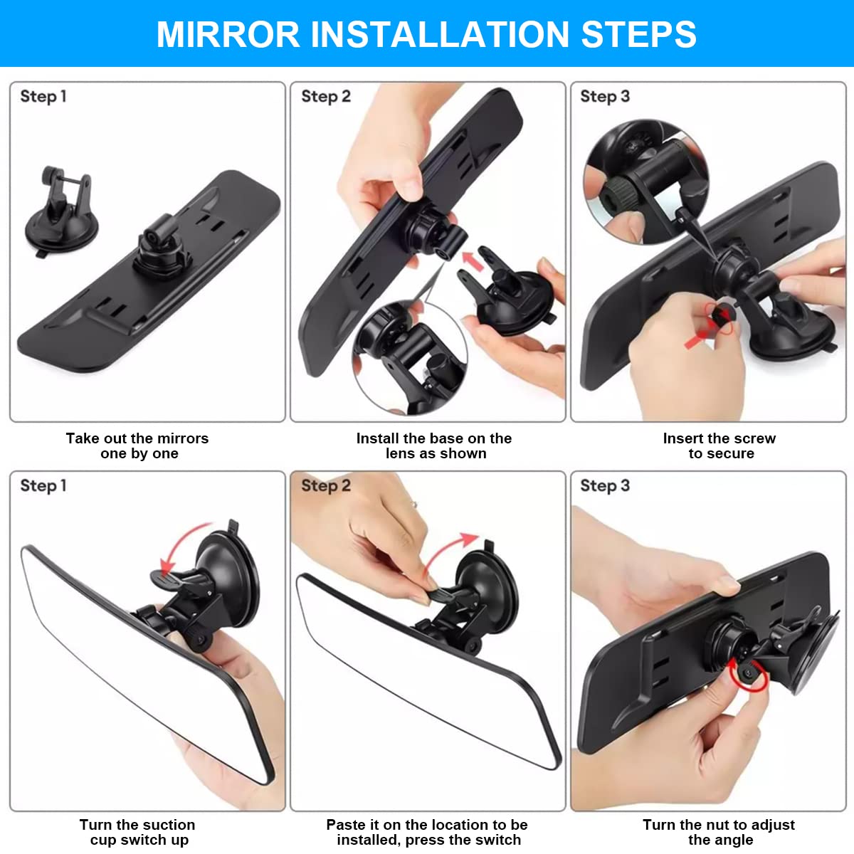 12'' Car Rear View Mirror With Suction Cup, Convex Wide Angle Hd Auto Inside Rearview Mirror, Anti Glare Reduce Blind Spots, 360 Degrees Adjustable, Universal For Marine, Boat, Truck, Suv, Van