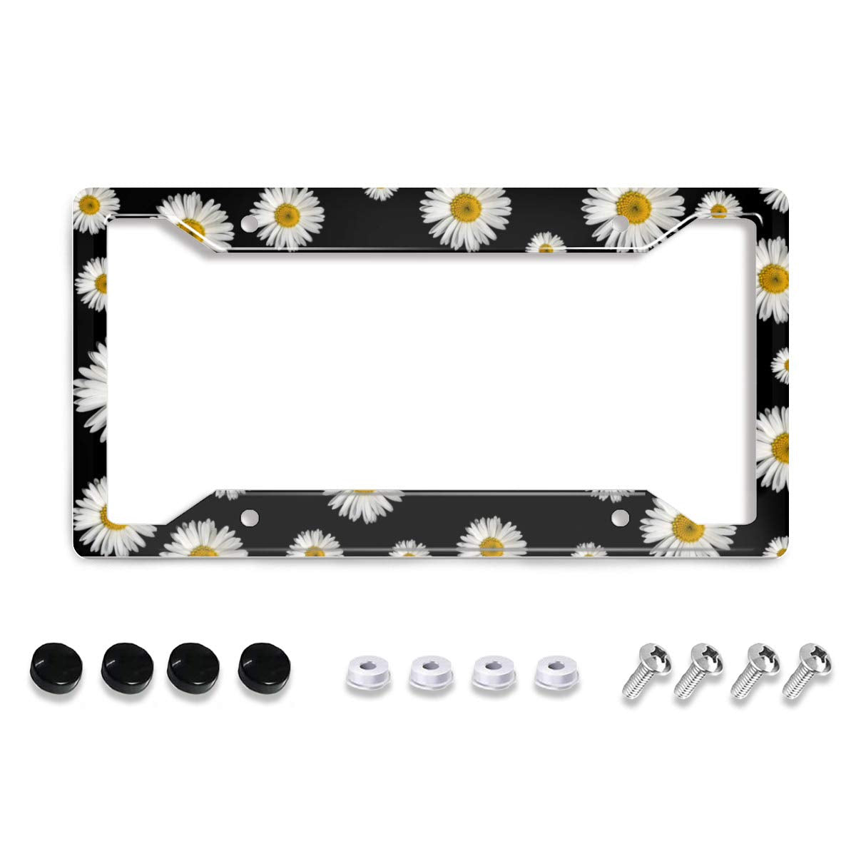 Personalized License Plate Frame Stainless Steels Cute White Daisy Black Background License Plate Car Tag Holder With 4 Holes An