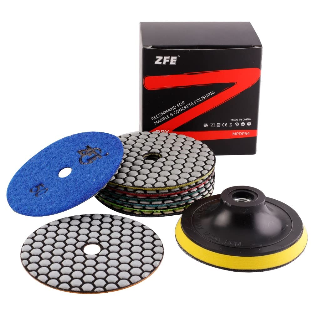 Diamond Polishing Pads, Zfe 9Pcs 4 Inch 100Mm Dry Polishing Pads Set With 5/8   -11 Backing Plate For Granite Concrete Marble Qu