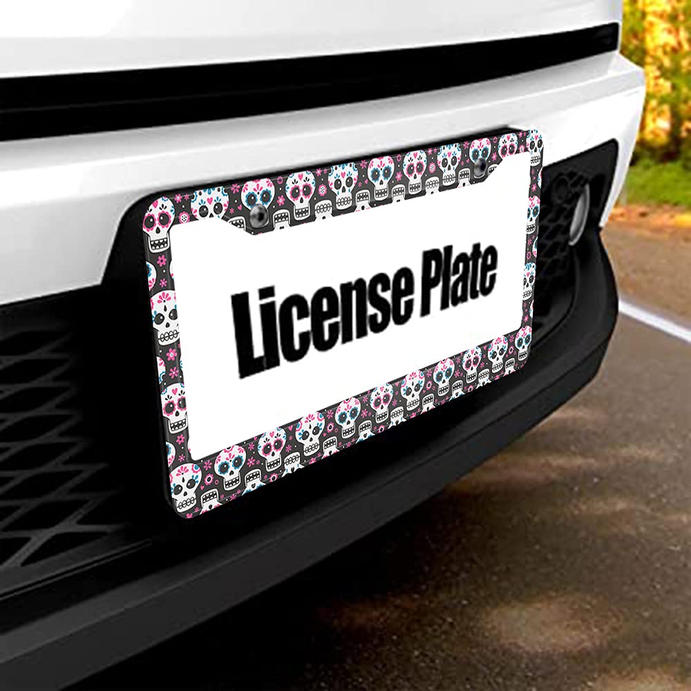 Beabes Flower Skull License Plate Frame Pink Flowers License Plate Holder Cute Funny Skulls Car Tag Frame License Plate Cover Car Accessories 2 Holes Novelty Auto Car Tag Vanity Gift