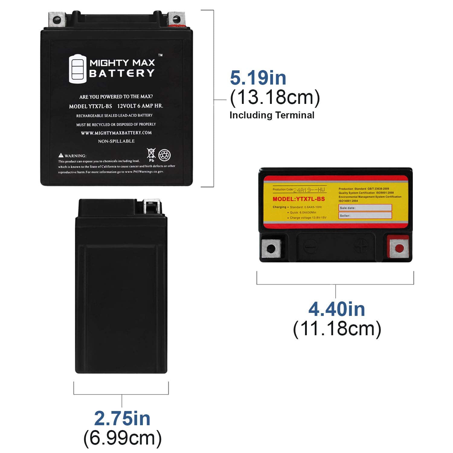 Mighty Max Battery Ytx7L-Bs -12 Volt 6 Ah, 100 Cca, Rechargeable Maintenance Free Sla Agm Motorcycle Battery