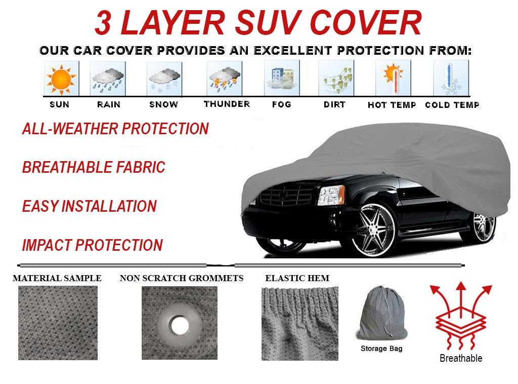 3 Layer All Weather SUV Car Cover Compatible for Jeep Liberty Sports Utility Vehicle Model Years 2002-2011 Breathable auto Prote
