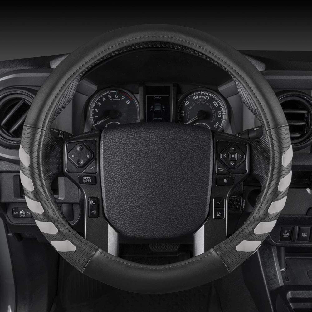 Caterpillar Ultra Sports Grip Leather Steering Wheel Cover - Strong, Durable Protection For Trucks 15.5-16.5” Diameter Wheels, Gray (Casw-203-Gr-L)