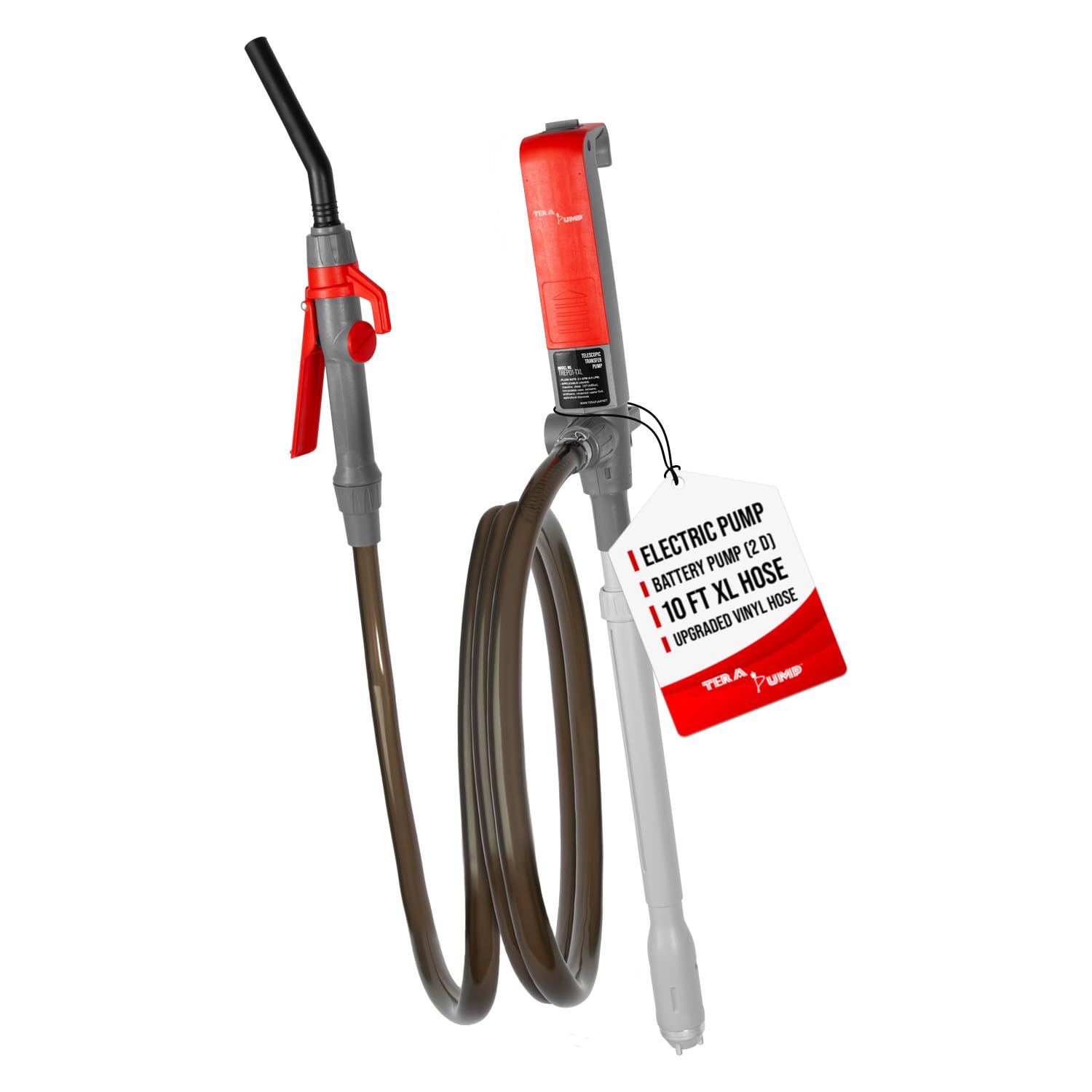 TeraPump 2nd Gen. TREP01-TXL E85 Electric Gas Transfer Pump - 2D Battery, 2.3 GPM, 10ft Upgraded Vinyl Hose with Quick Stop Flow