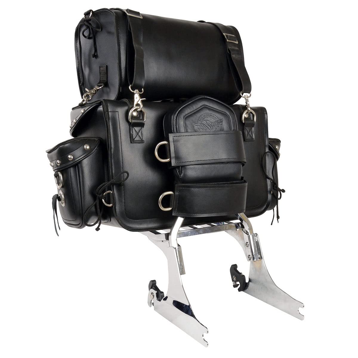 Milwaukee Leather MP8100S Large Black PVC 2-Piece Studded Motorcycle Touring Pack Sissy Bar Bag - One Size