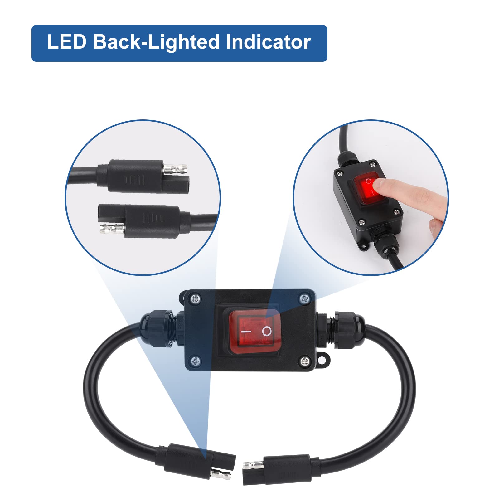 Inline 12V Power Switch, Briidea Ip65 Waterproof Sae Connector With Led Back-Lighted Indicator, 14 Awg Cable, Ideal For Solar Pa