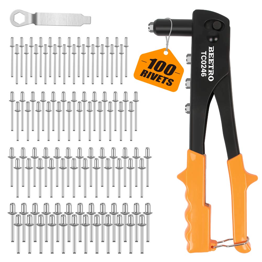 Beetro Heavy Duty Hand Riveter, Rivet Gun, 3/32''-1/8''-5/32''-3/16'', 4 Nosepieces Set Includes 100Pcs Rivets, Durable And Suit