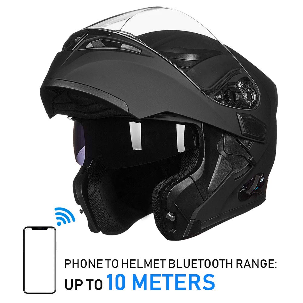Ilm Bluetooth Motorcycle Helmet Modular Flip Up Full Face Dual Visor Mp3 Intercom Fm Radio Dot Model 902Bt(Matte Black, M)