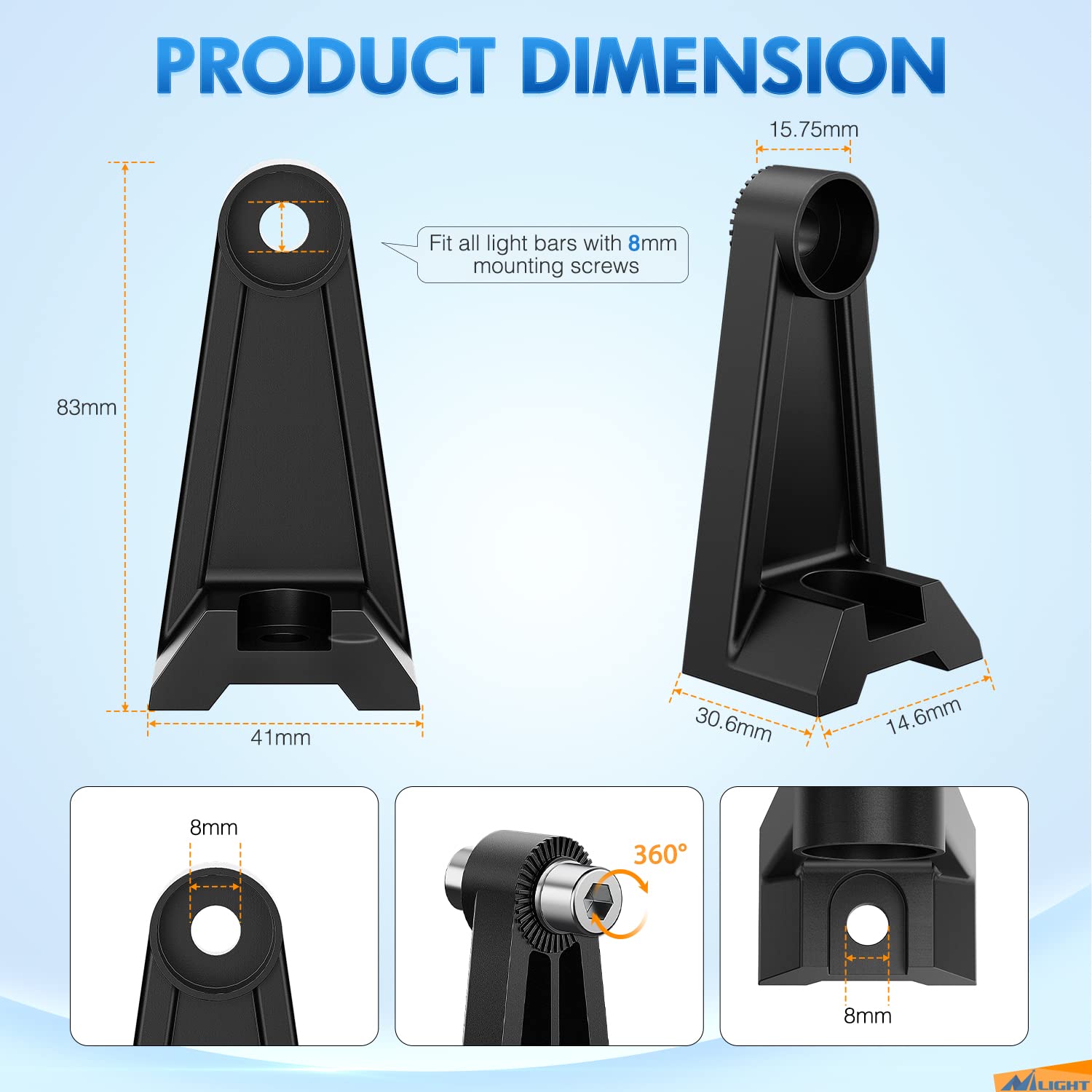Nilight 2Pcs Side-Mounted Brackets Universal Adjustable Mounting Brackets For Led Light Bar, 2 Years Warranty,Black