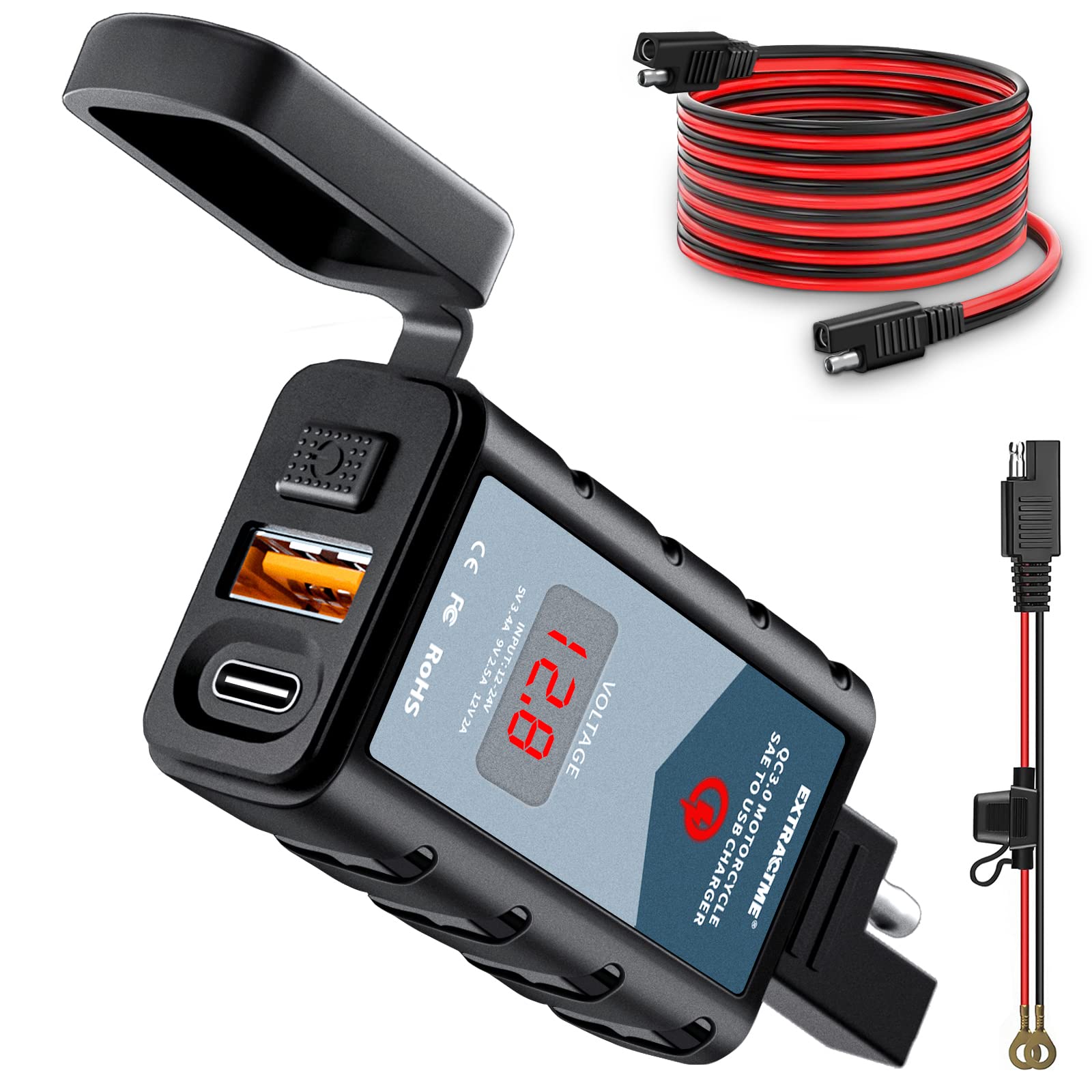 Extractme 6.4A Motorcycle Usb Charger, Total 44W Dual Usb Type C Pd & Quick Charge 3.0 Motorcycle Phone Charger With Voltmeter & On/Off Switch, Waterproof Motorcycle Accessories Sae To Usb Adapter