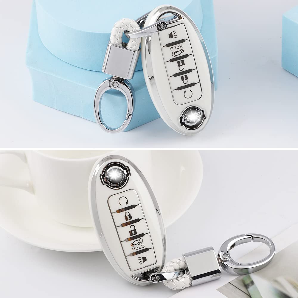 1797 For Nissan Key Fob Cover Accessories Altima Rogue Sentra Pathfinder Maxima Titan Murano Car Remote Key Chain Case Shell Protector Girly Cute 5 Button White Silver Tpu