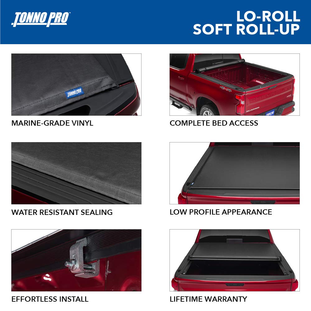 Tonno Pro Lo Roll, Soft Roll-Up Truck Bed Tonneau Cover | Lr-2020 | Fits 2009 - 2018, 2019 - 2020 Classic Dodge Ram 1500/2500/3500 5' 7' Bed (67.4'), Black