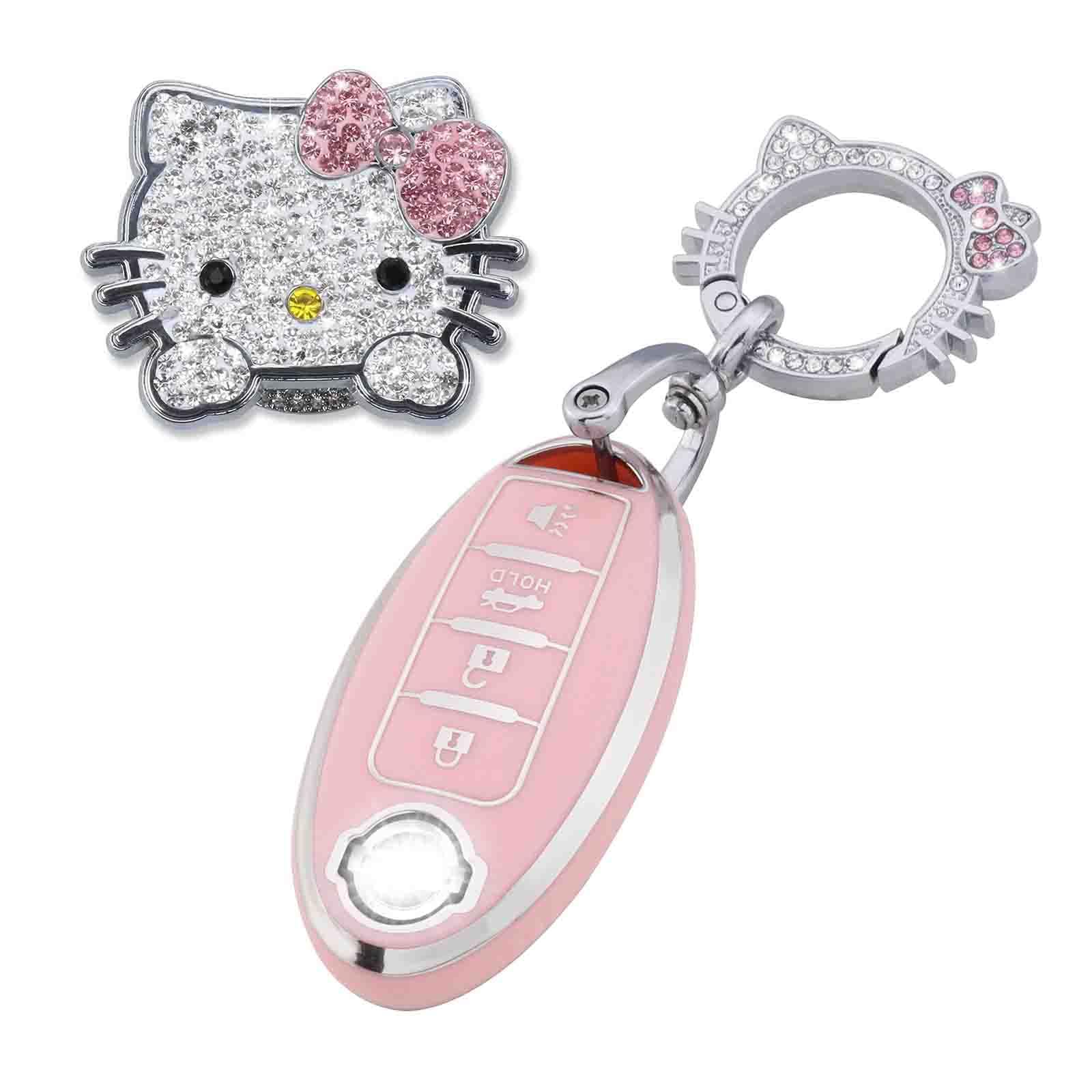 Pangpai Pink Car Accessories 3 Pcs for 4 Buttons Nissan Key Fob Cover with Bling Keychain Cute Push to Start Button Cover