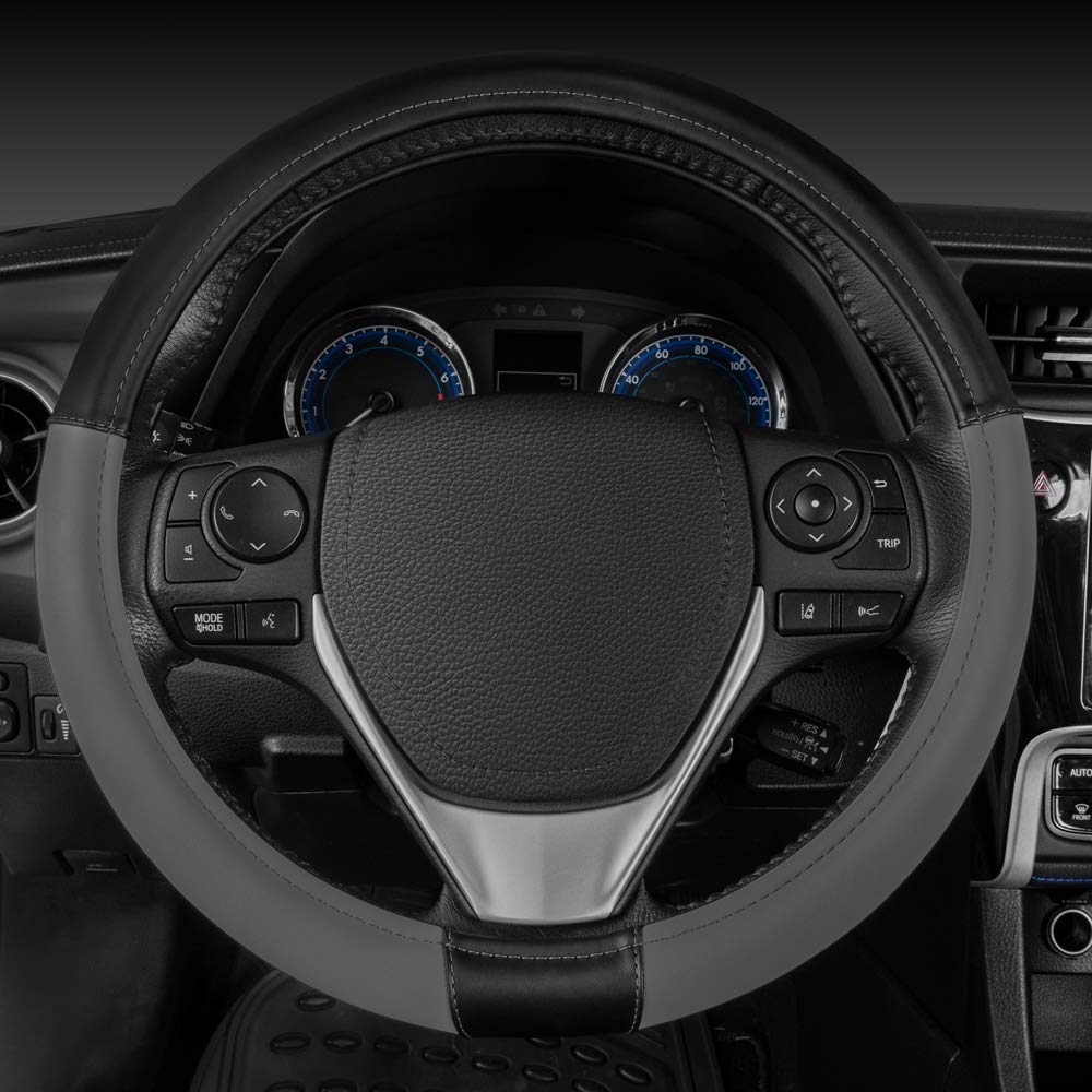Caterpillar Two Tone Ergonomic Soft Leather Grip Steering Wheel Cover - Strong, Durable And Comfortable Universal Size 14.5-15.5 Inch (Dark Gray/Black) (Casw-2221-Cc)