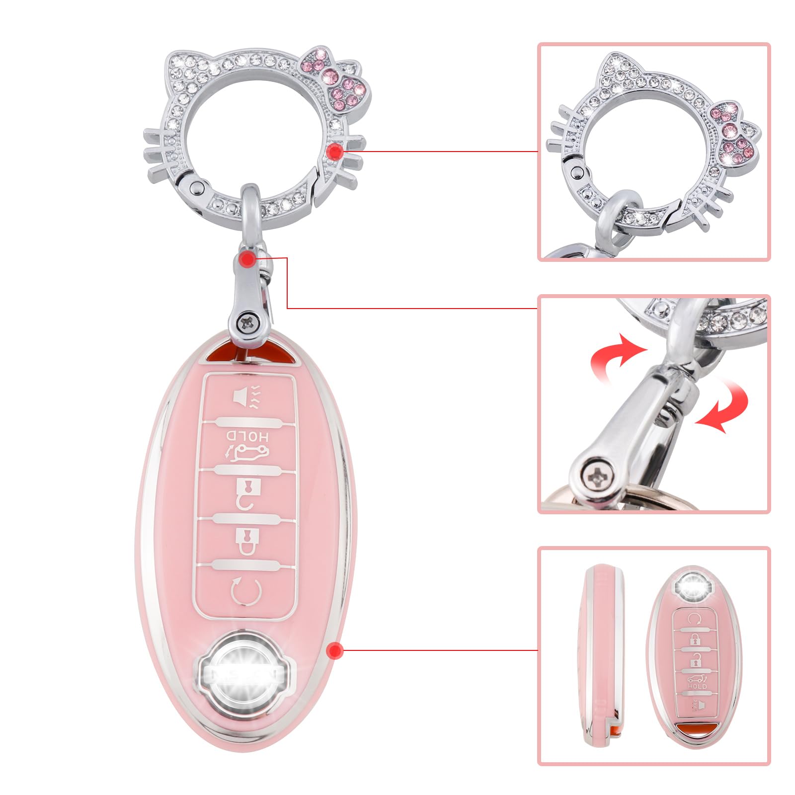Pangpai Pink Key Fob Cover for Nissan, Soft TPU Key Protection with Keychain Fit for Altima Rogue Sentra Pathfinder Frontier Max