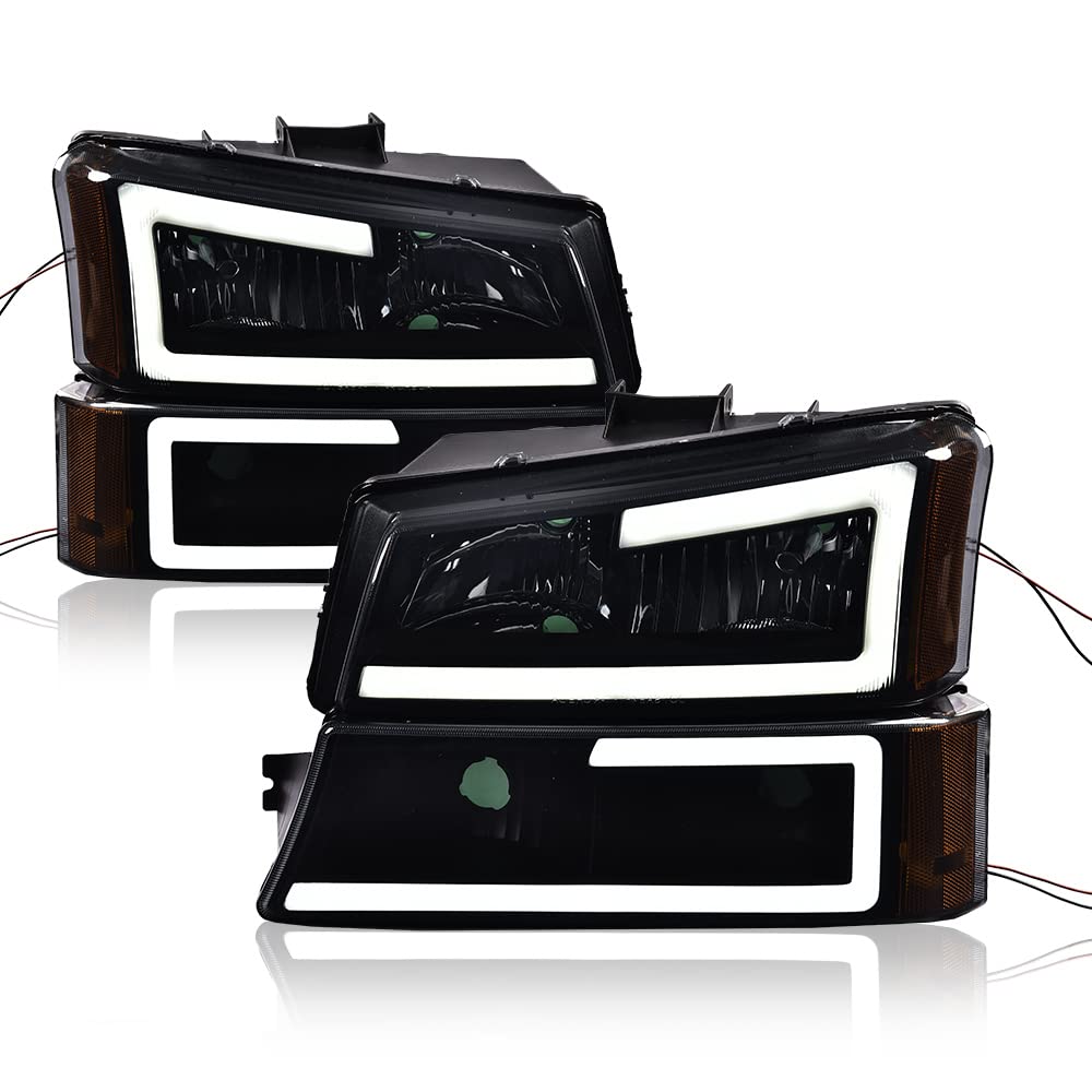 Cheda Headlights Assembly, Compatible With 2003-2007 Chevy Silverado Avalanche, Smoky Lens Black Housing Amber Reflector Led Drl