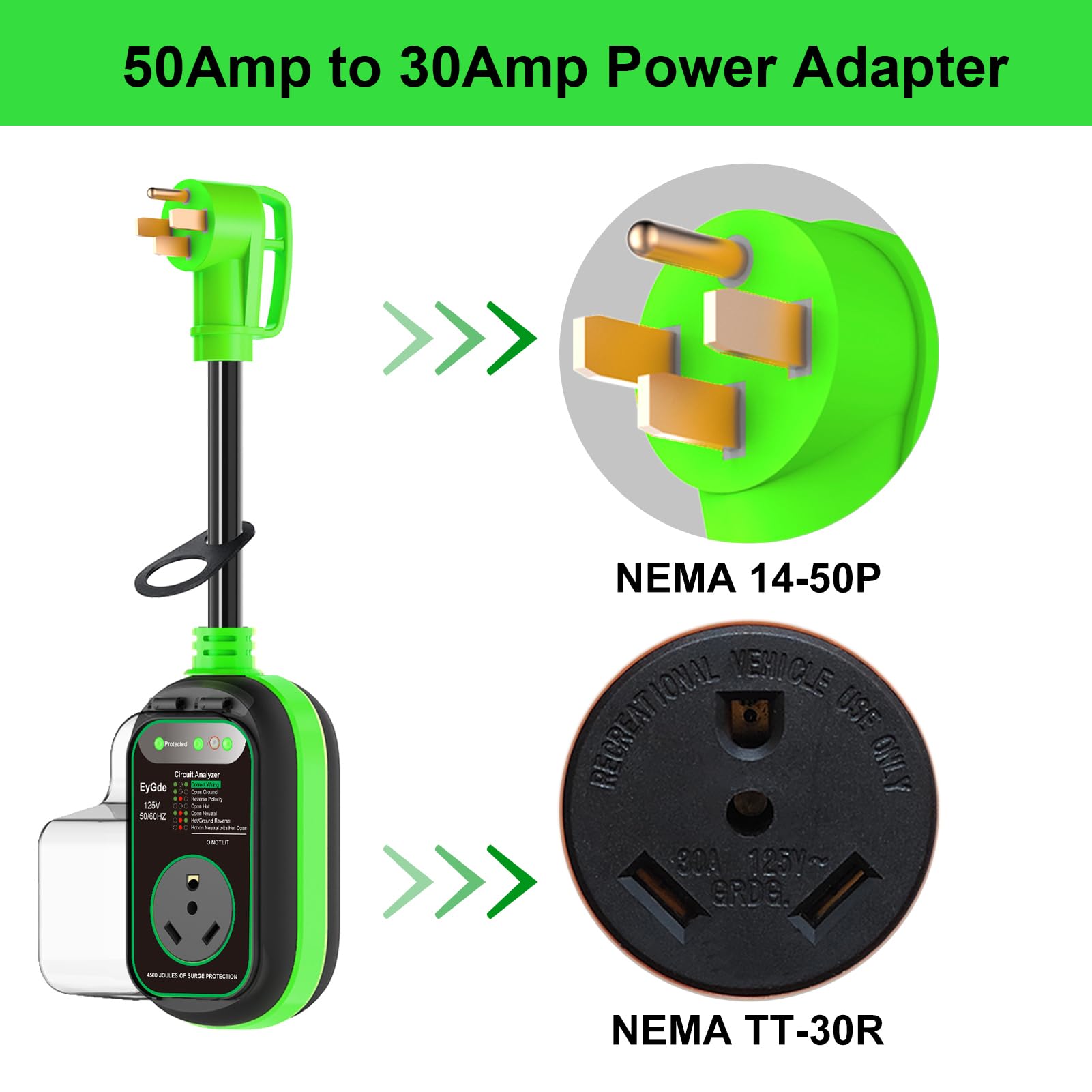 Eygde 50 Amp To 30 Amp Rv Adapter With Surge Protector, Patented 4500J 50 Amp Male To 30 Amp Rv Adapter Plug, Rv Circuit Analyze