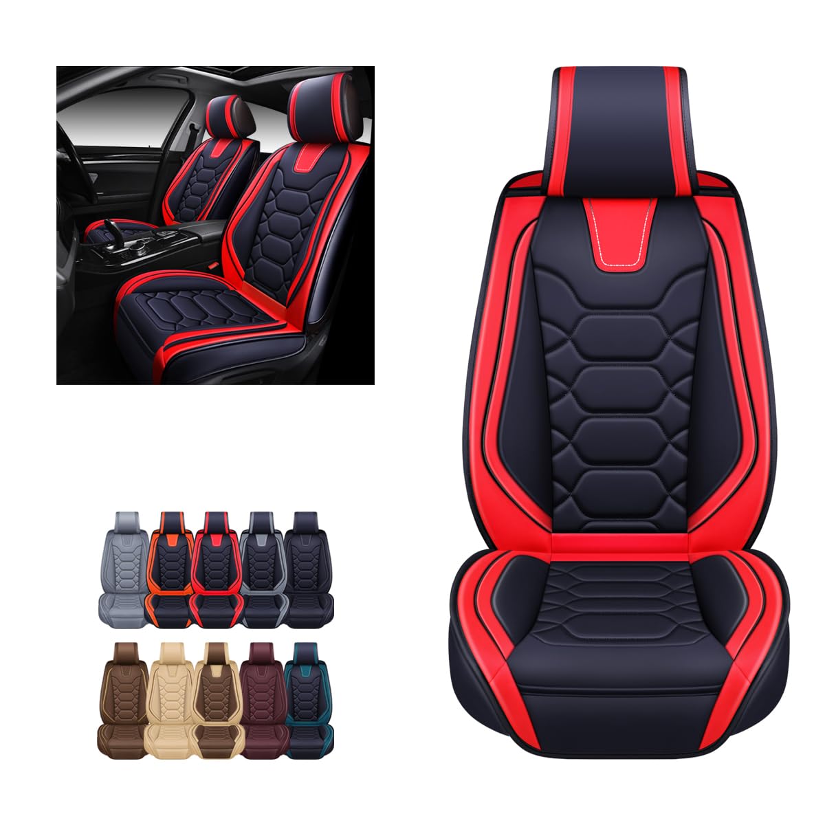 Oasis Auto Car Seat Covers Premium Waterproof Faux Leather Cushion Universal Accessories Fit Suv Truck Sedan Automotive Vehicle Auto Interior Protector Front Pair (Os-004 Black&Red)