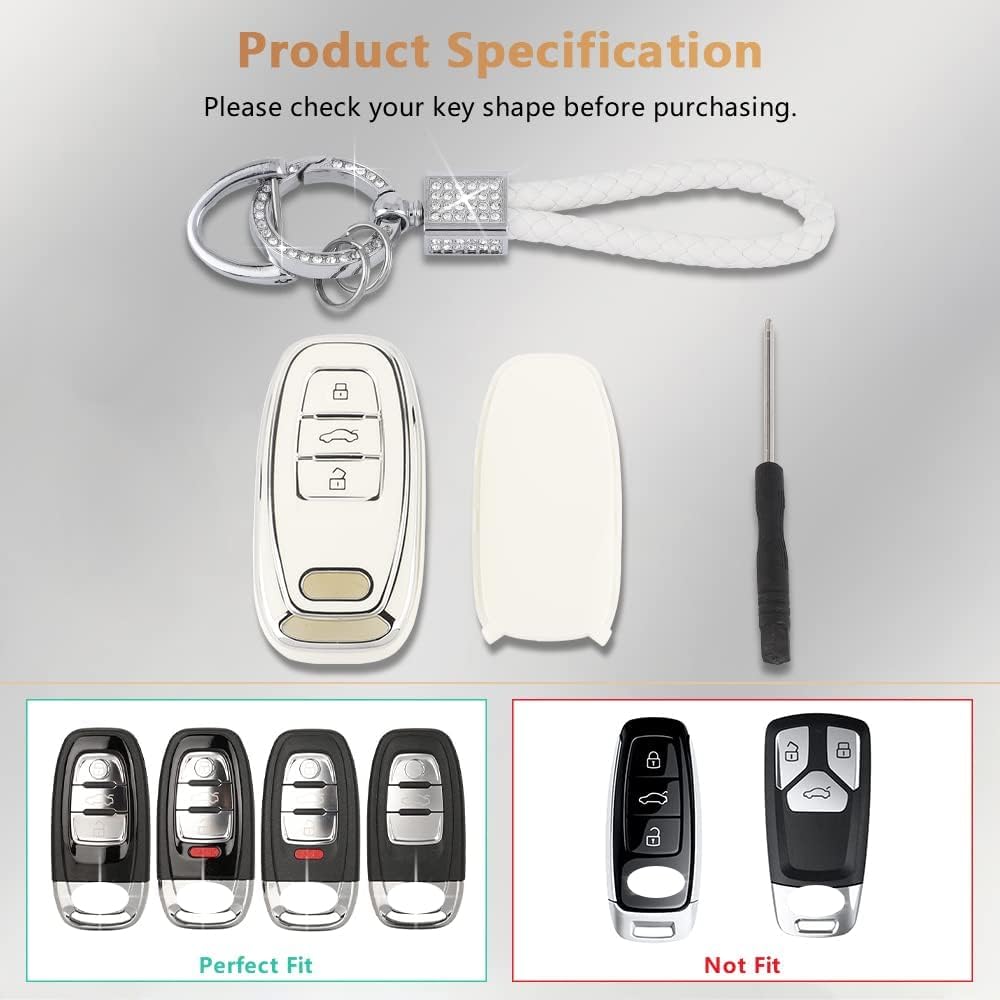 Pifoog Key Fob Cover For Audi 4 Buttons Tpu Soft Keys Case Shell Bling Keychain Car Accessories For Audi Q5 A4 A5 A6 A7 A8 Rs5 Rs7 S4 S5 S6 S7 Sq5 Girly Women White Silver