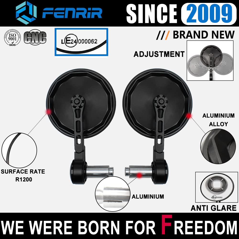 Fenrir Motorcycle Handlebar Bar End Mirror Cnc Aluminum Black Round Cafe Racer Foldable Anti-Vibration Anti-Glare Large Field Of