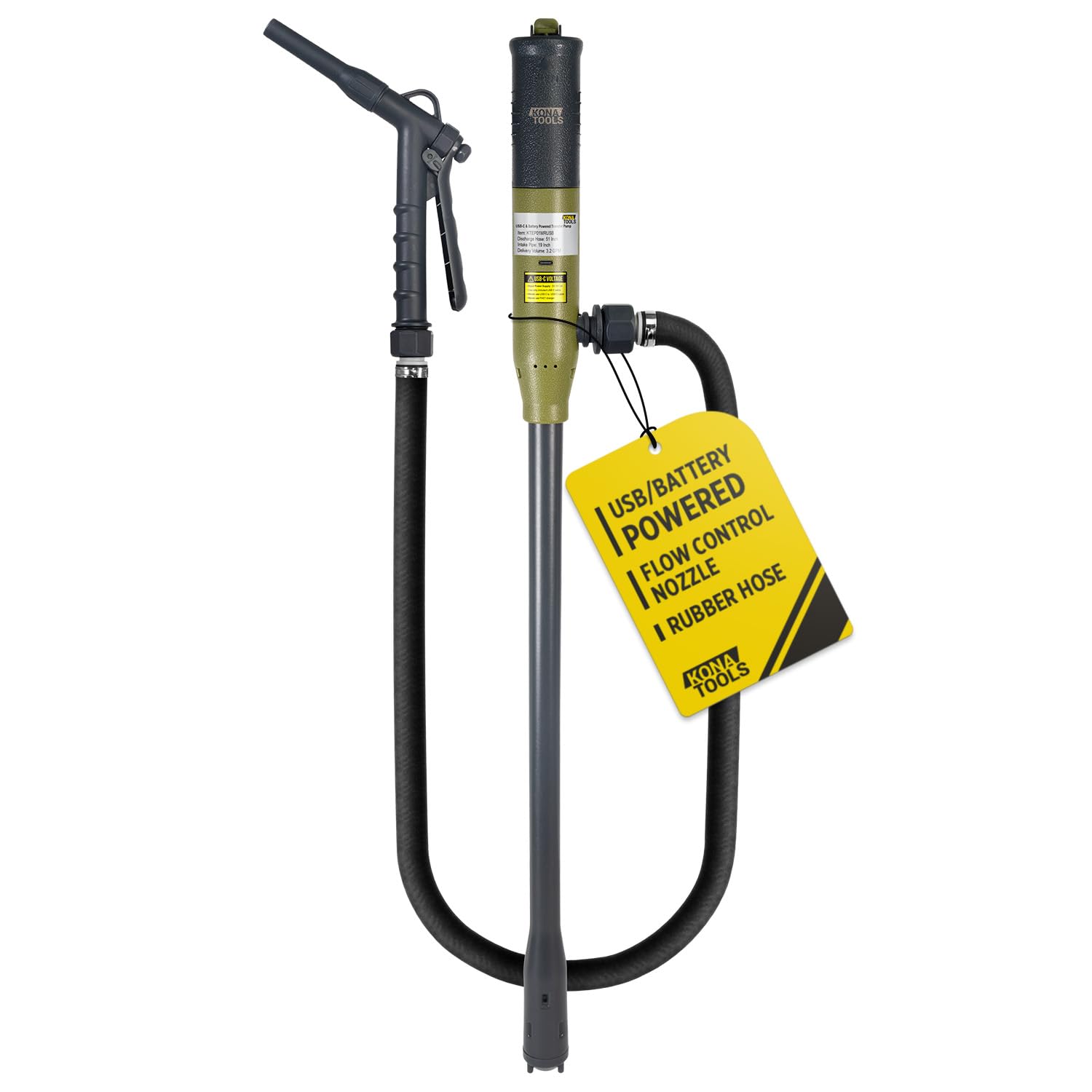 Portable Fuel Transfer Pump, Battery or USB-C Powered | Safety Nozzle, 4.3ft Rubber Hose, 3.2 GPM | For Gas, Diesel, DEF, Water 