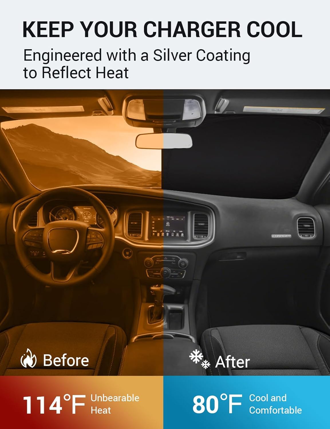 Proadsy 2025 Upgrade Windshield Sun Shade Custom Fit 2011-2023 2024 2025 Dodge Charger Foldable Front Sunshade Protector Sun Vis