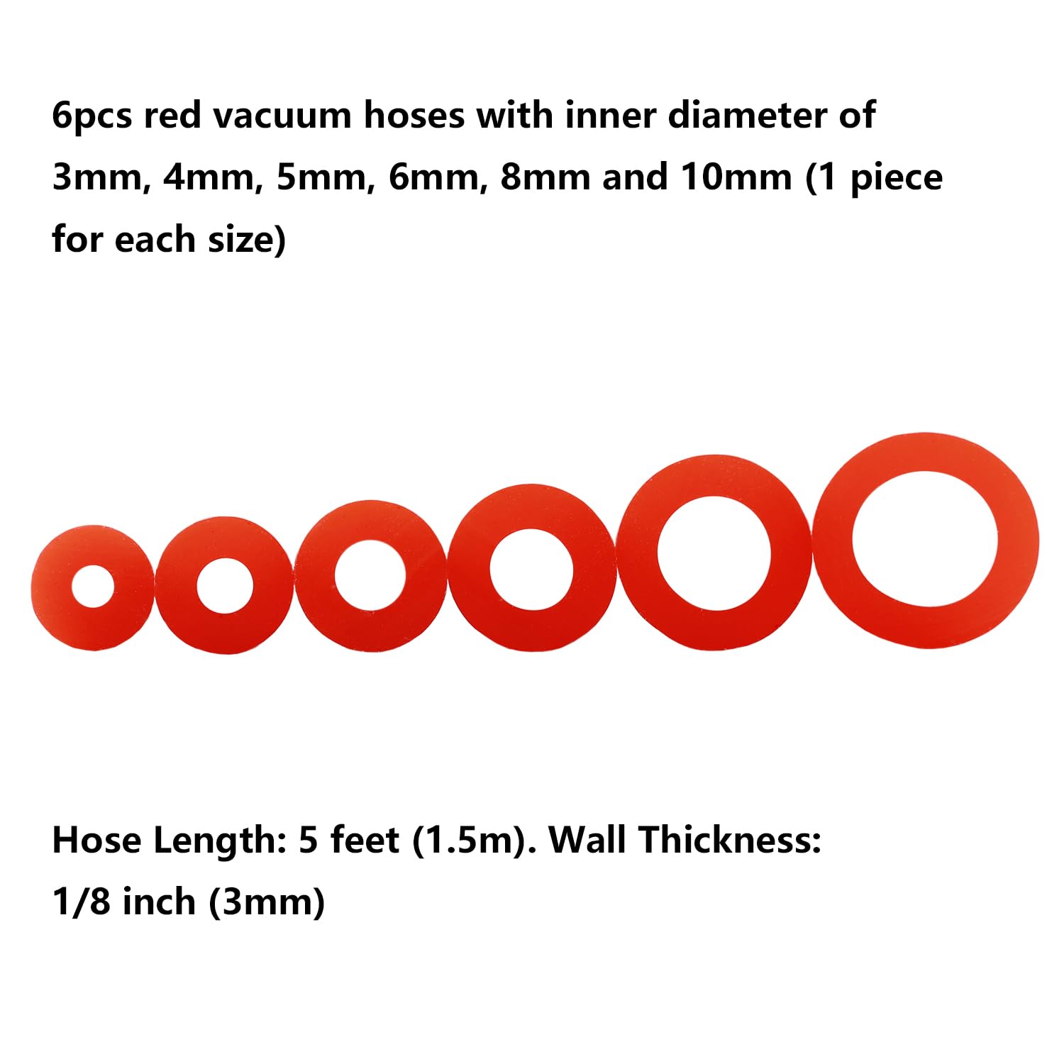 Ucreative 1/8'' 5/32'' 3/16'' 1/4'' 5/16'' 3/8'' Automotive Silicone Vacuum Tubing Hose Kit For Air And Water 6Pcs 5Ft (Red)