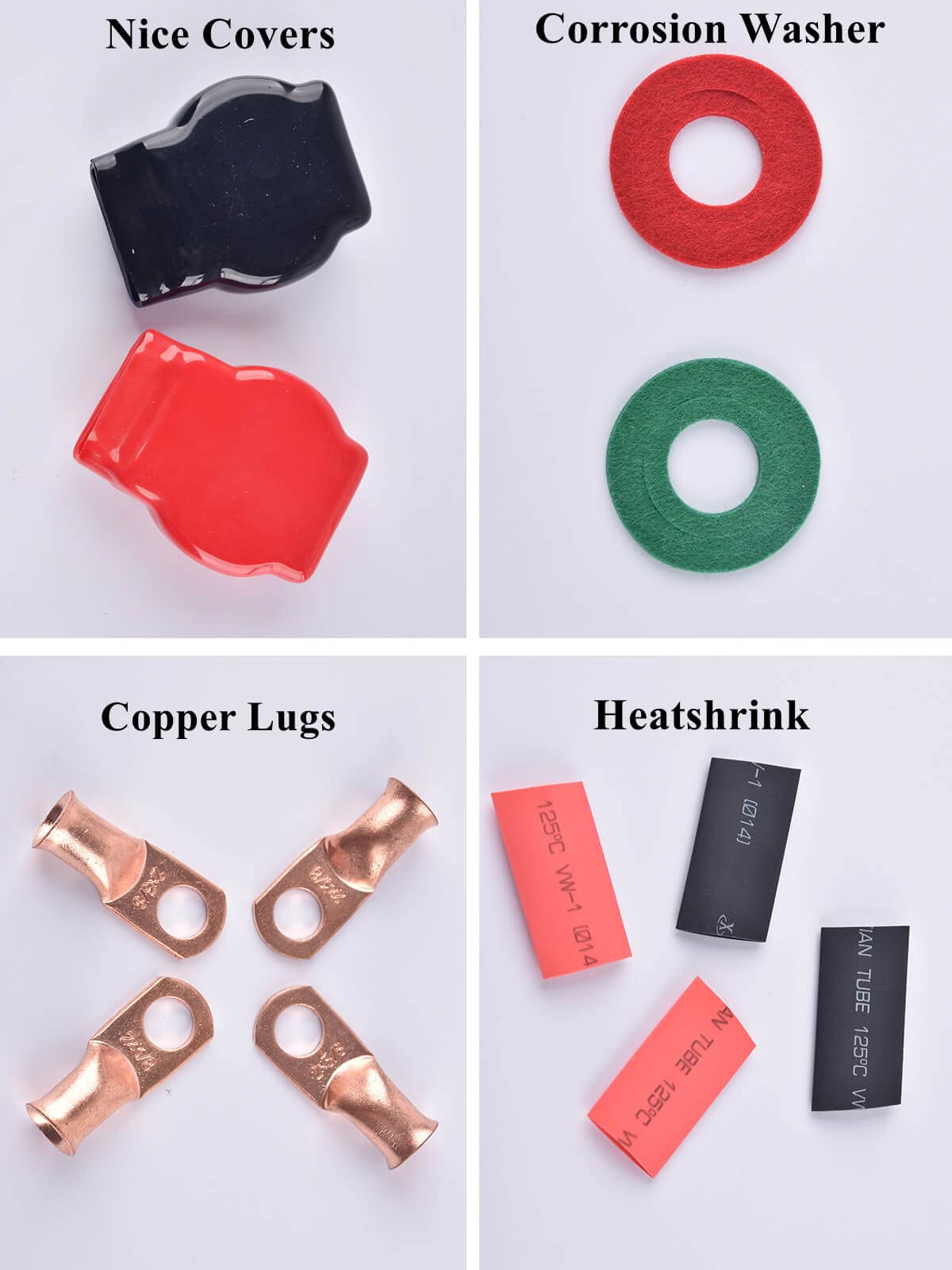 Sunmorn Battery Terminals, Top Post Battery Terminal Connectors, Heavy Duty Auto Car Marine Battery Terminal, With 2 Cover And Anti Corrosion Washers, 4 Pcs 2 Gauge 3/8' Copper Lugs, 4 Heatshrink