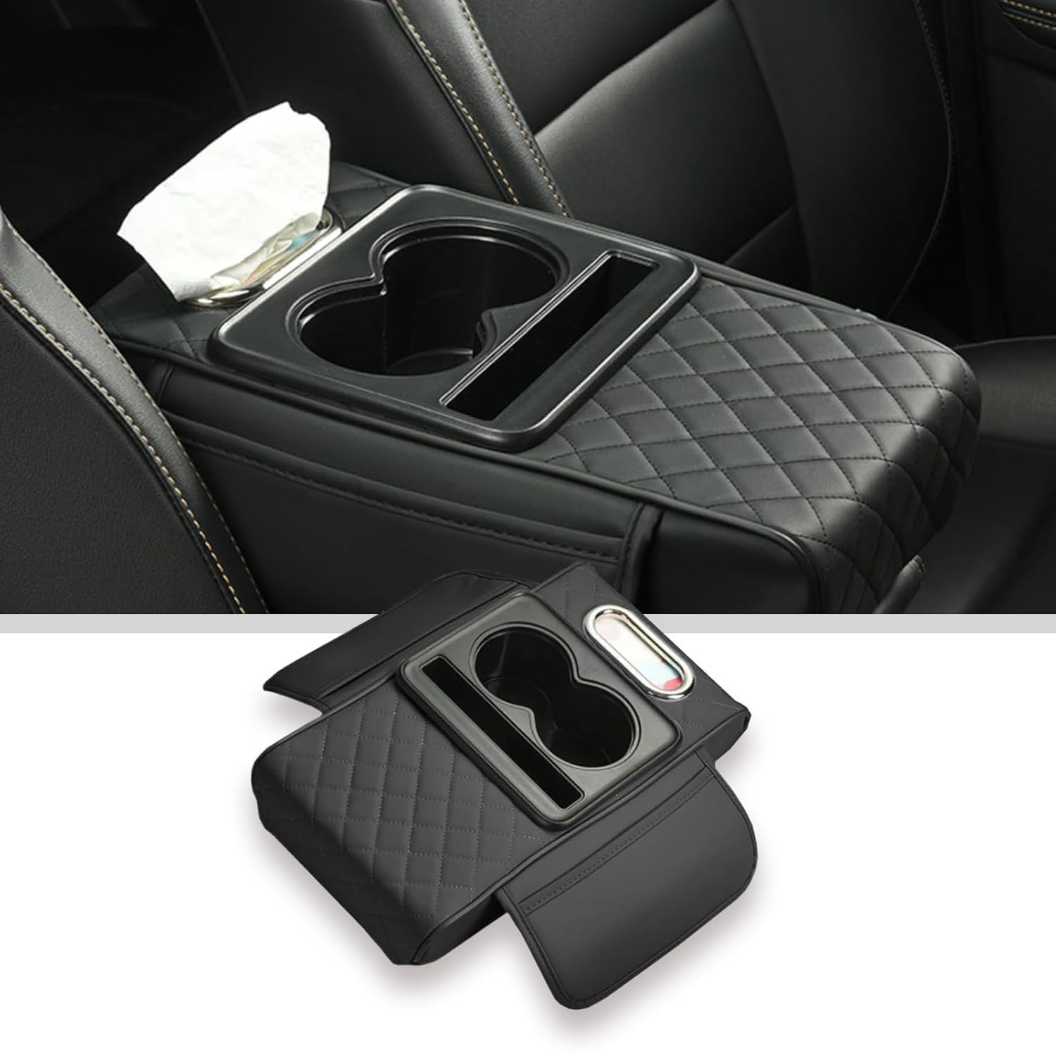 Car Seat Gap Organizer With Cup Holder And Tissue Slot, Center Console Storage Pocket With Flip Cover Design