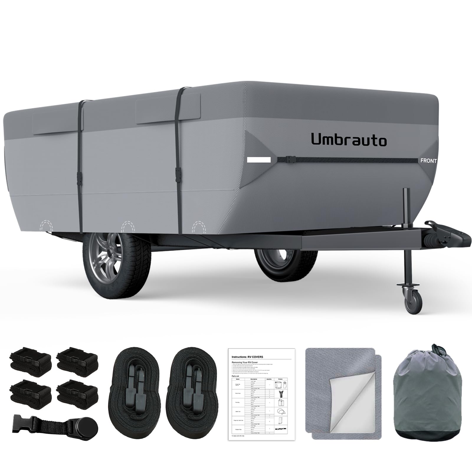 Umbrauto Pop Up Folding Camper Cover Fits 12-14, Upgraded 7 Layers Top Tent Trailer Cover Waterproof Extra Thick Polypropylene Breathable Ripstop Pop Up Folding Trailer Cover