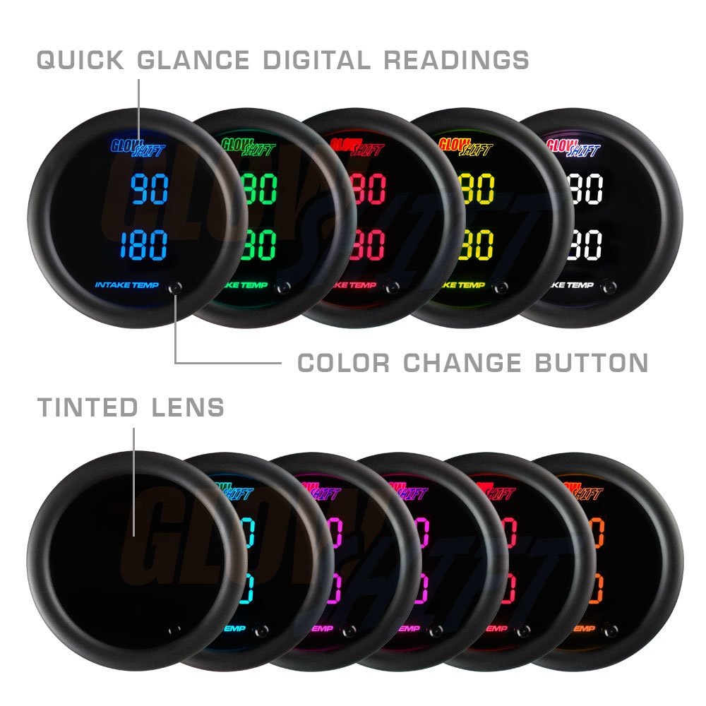 GlowShift 10 Color Digital 300°F Dual Intake Intercooler Temp Gauge Kit - GS-TCD20, 2-1/16" (52mm), Electronic Sensors, LED Displays