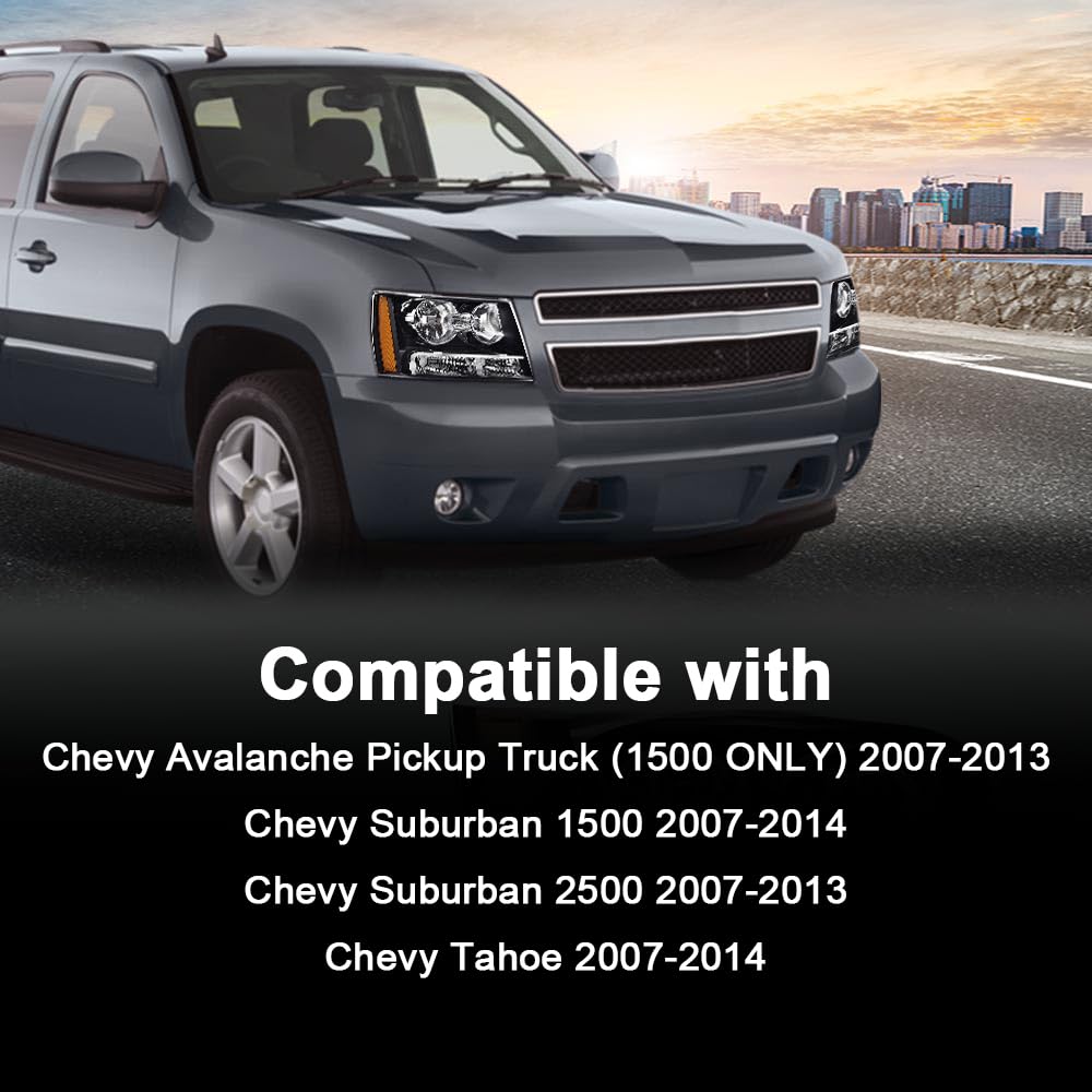 Cheda Headlights Assembly, Compatible With 2007-2014 Chevy Tahoe Suburban 1500, Clear Lens Chrome Housing Amber Reflector Headla