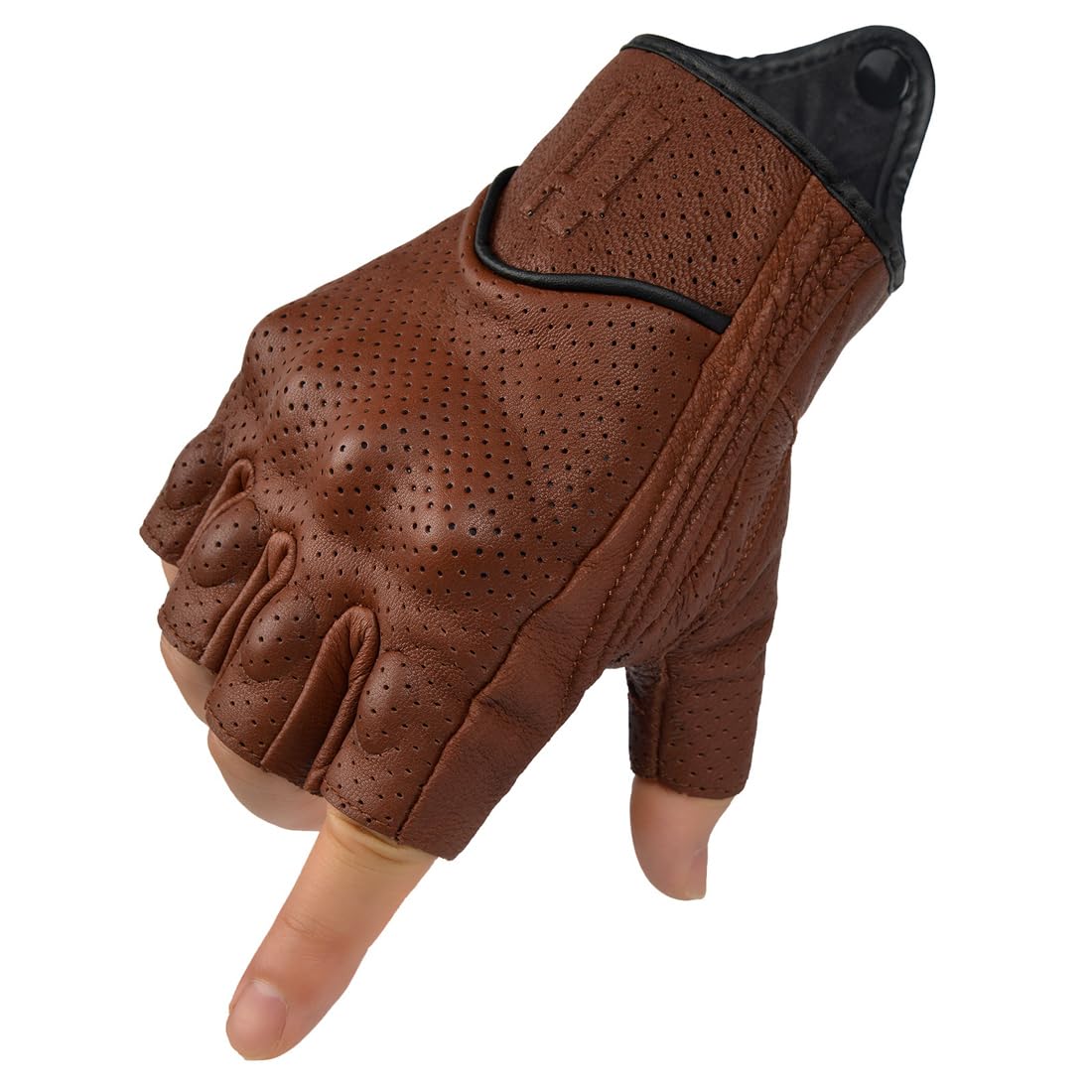Harssidanzar Men's Motorcycle Gloves Leather Perforated Motorbike Riding Driving Gloves CM044US, Saddle, Size Medium