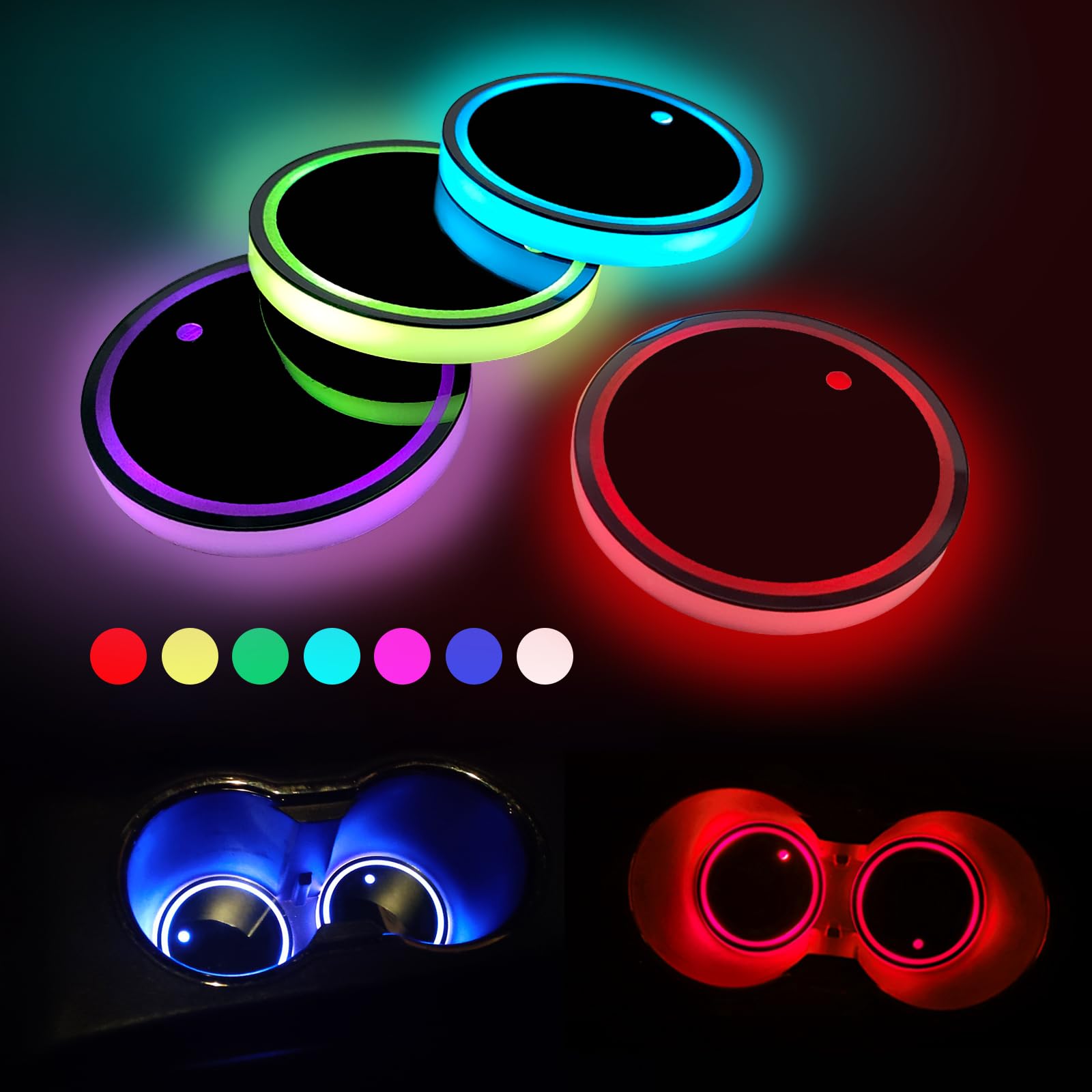 4pcs LED Car Cup Holders, Waterproof Cup Holder with 7 Colors Changing USB Charging Mat, LED Interior Atmosphere Lamp Decoration