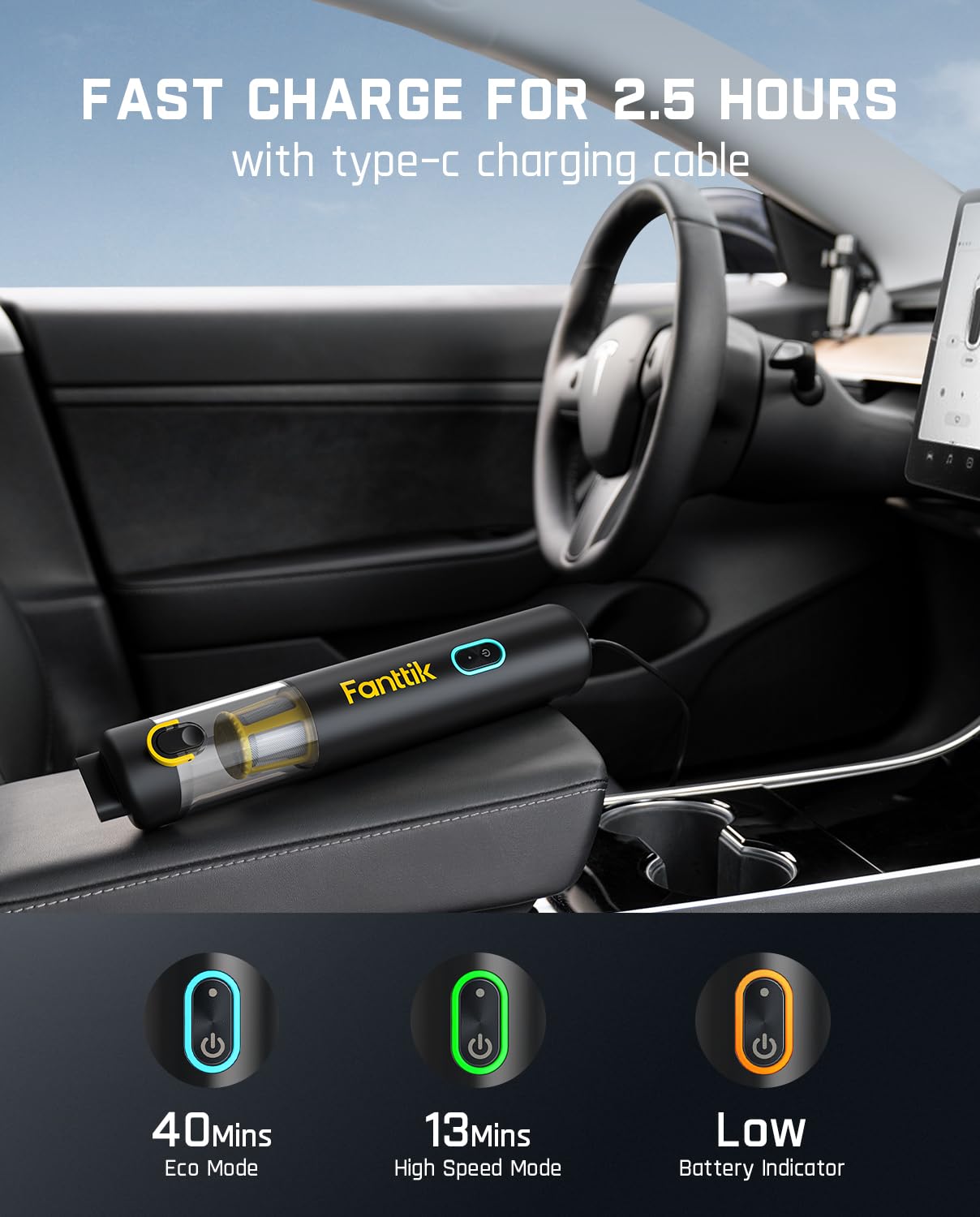 Fanttik V8 Apex Cordless Car Vacuum - 19000pa Suction, Type-C Charge, 4-in-1, Portable, Handheld, Black