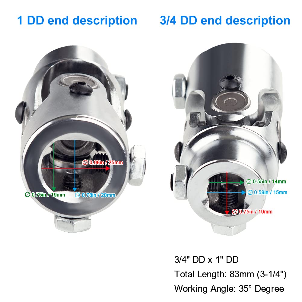 Wmphe Single Steering Shaft Universal U Joint 3/4' Dd To 1' Dd, 83Mm (3-1/4') Working Angle 35°Degree