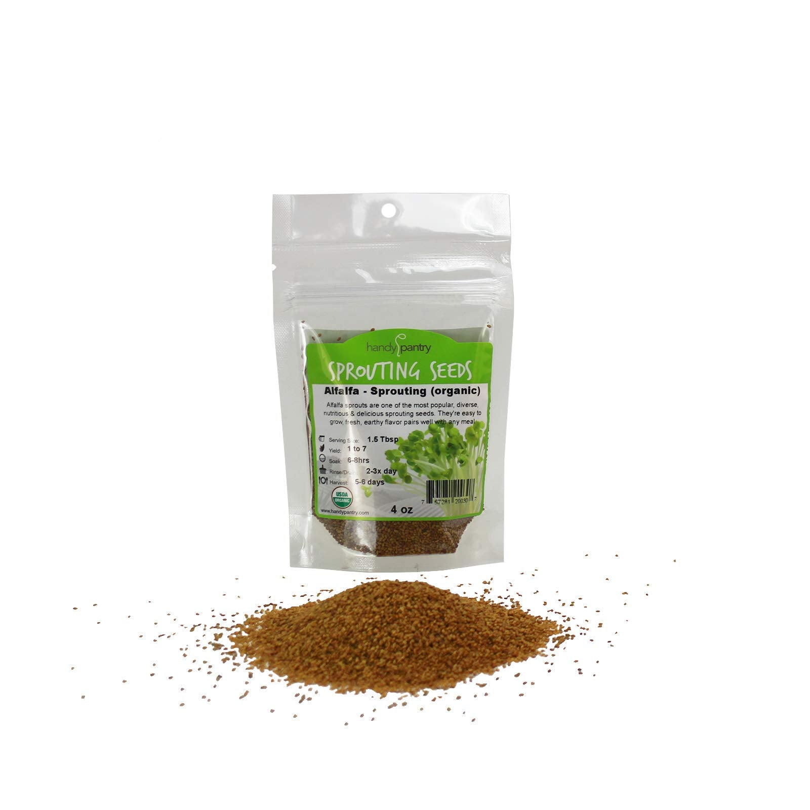 Certified Organic Alfalfa Sprouting Seed - 4 Oz - Handy Pantry Brand - High Sprout Germination- Edible Seeds  Gardening  Hydroponics  Growing Salad Sprouts  Planting  Food Storage & More-New
