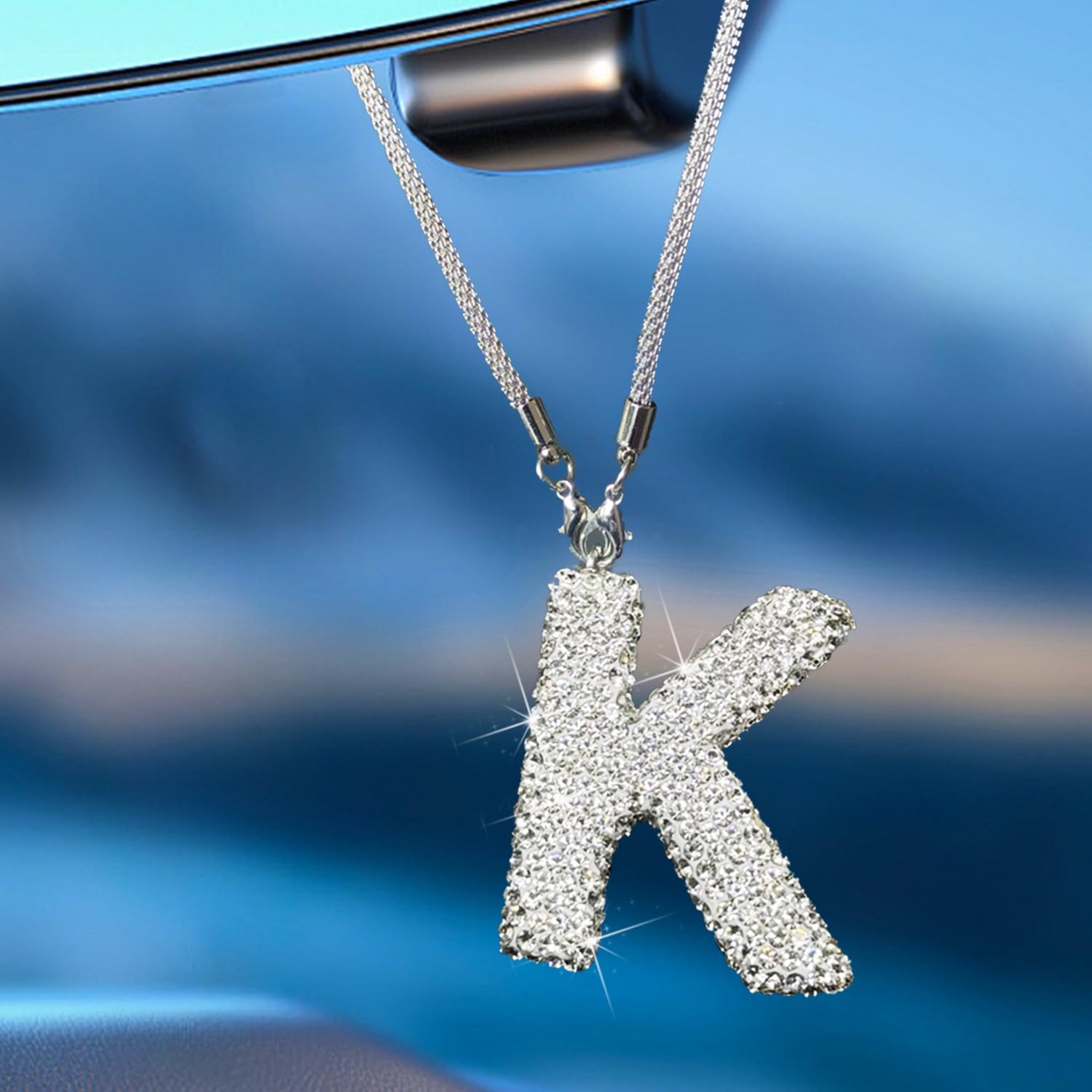 Bling Car Letter Charm, Rear View Mirror Ornament Cute Hanging Crystal Pendant Bling Car Accessories, Lucky Diamond Rhinestone W