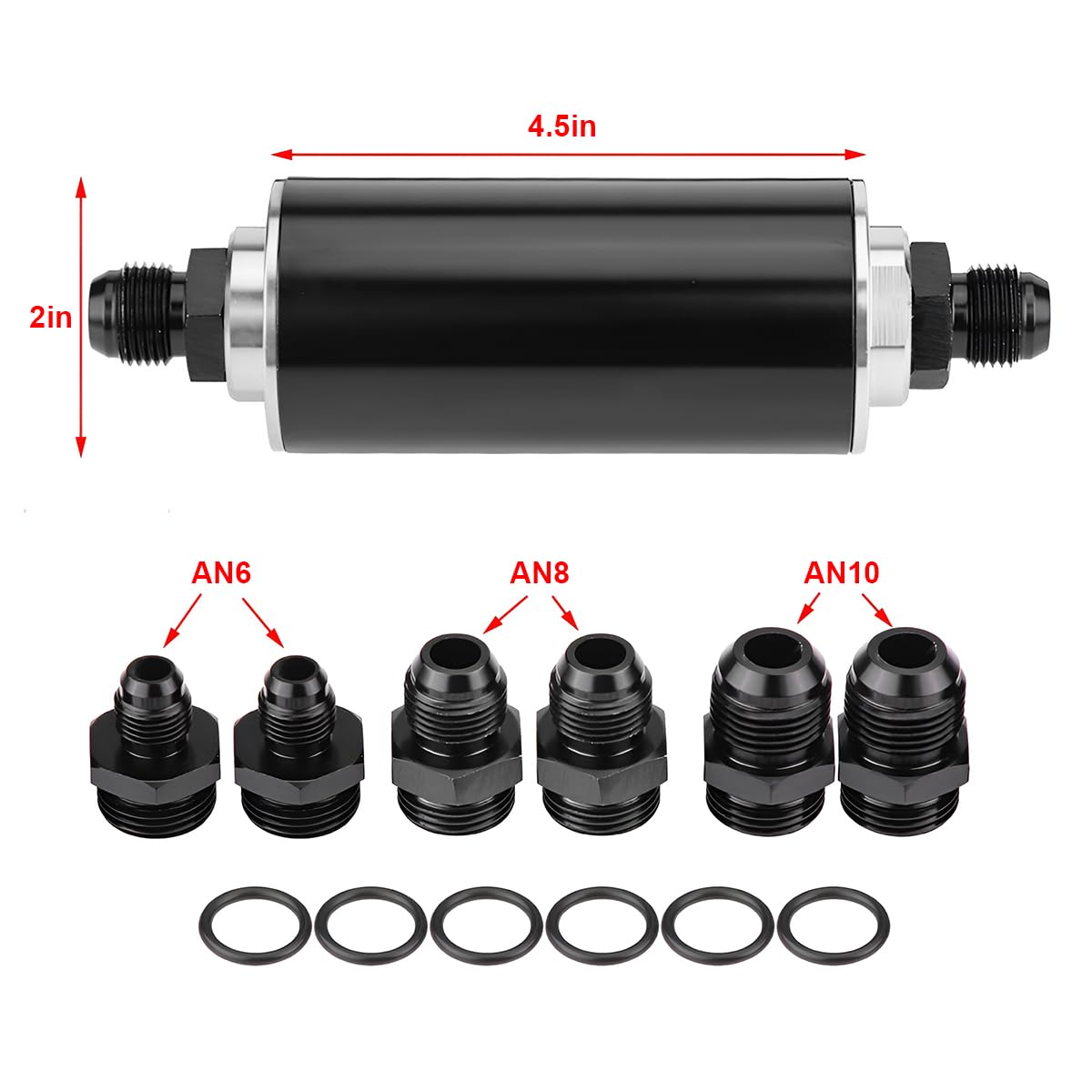 Auceli 50Mm Inline Gas Fuel Filter, Air Filter With 6An 8An 10An Adapter, Aluminum Cleanable Fuel/Gas/Petrol Filter Adapter Fitt
