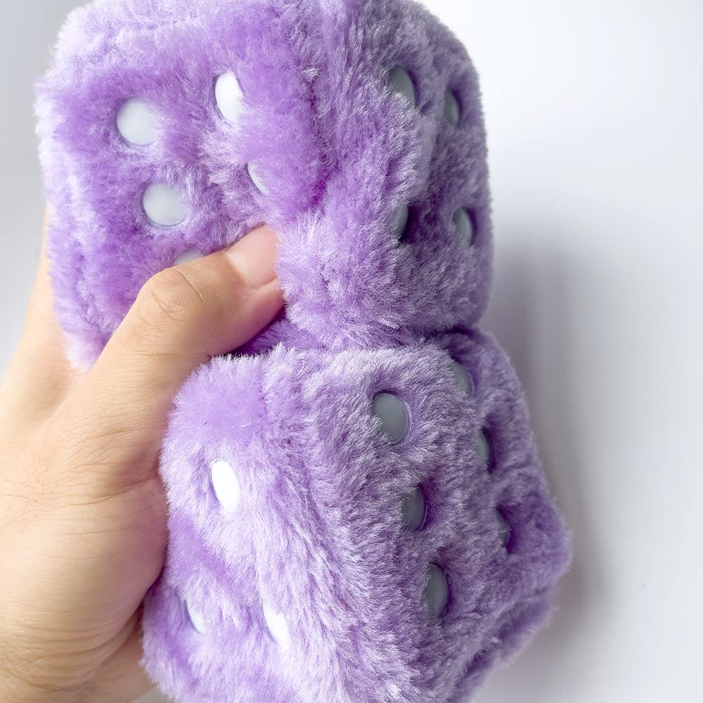 Fuzzy Plush Dice For Car Mirror, Pair Of Retro 3    Purple Dice With White Dots For Car Interior Hanging Ornament Decoration