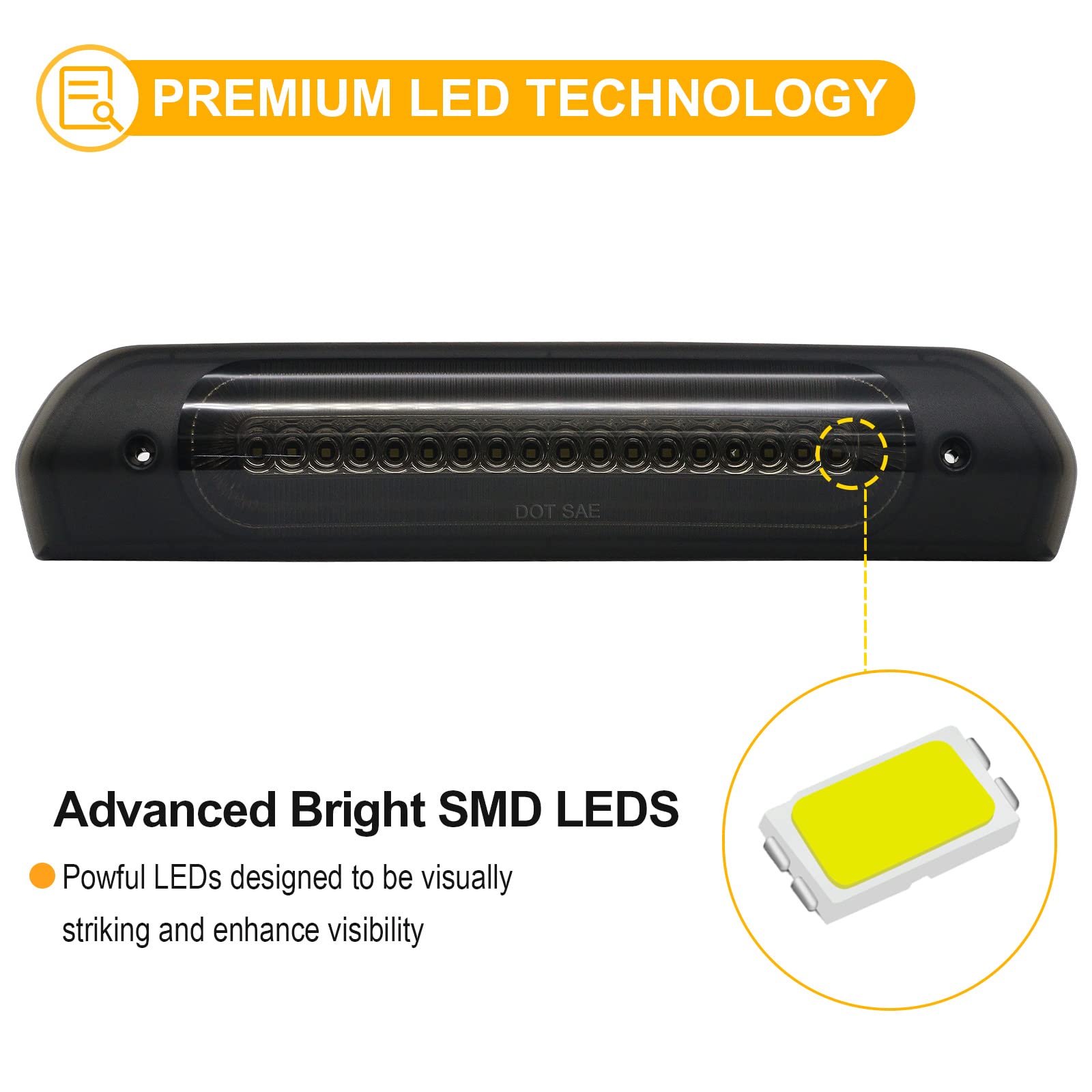 R&F Auto Led Smoked Lens High Mount Brake Light Replacement For Ram 1500 2500 3500 (2002-2008), For Ram 2500 3500 (2009) Roof Ca