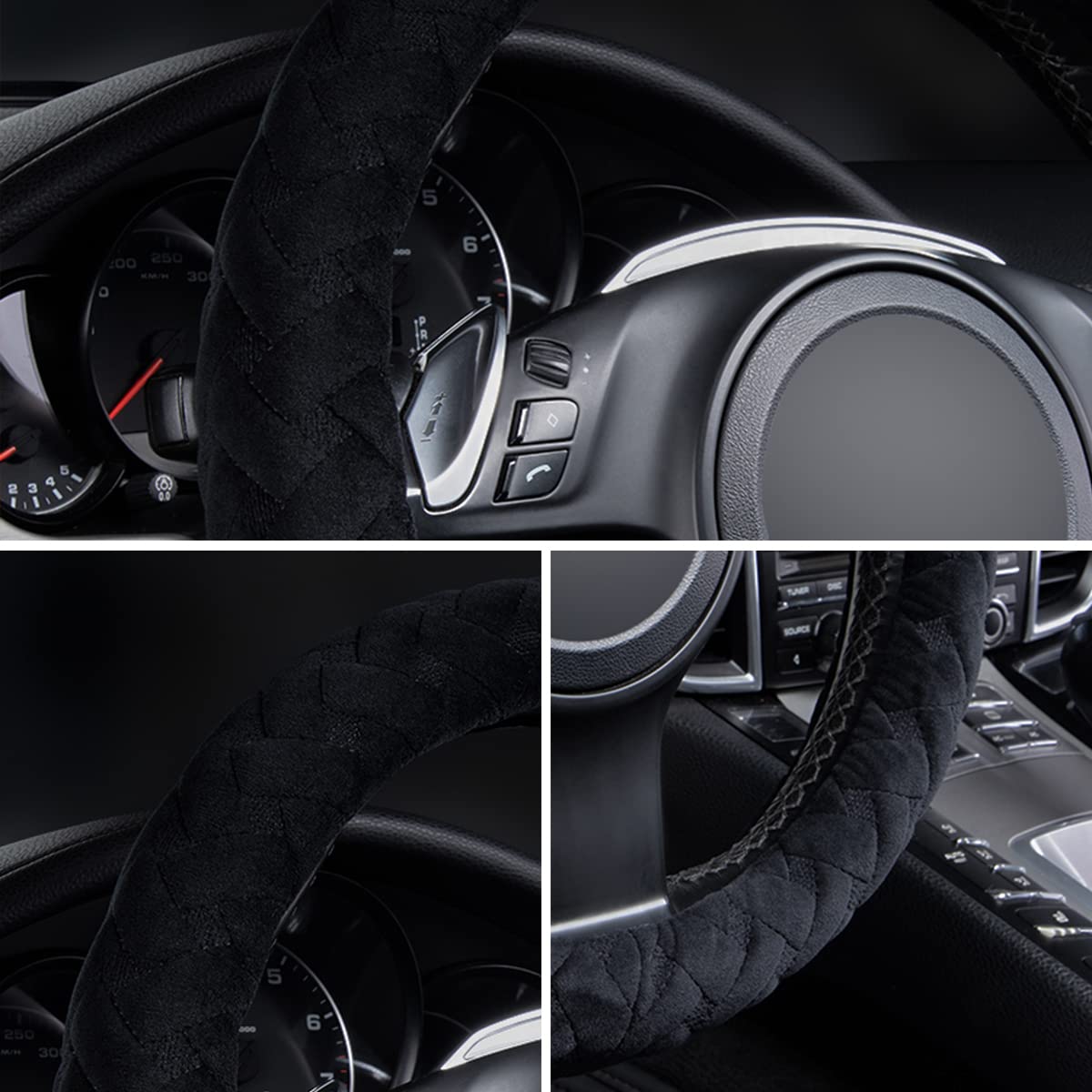 Flying Banner Car Steering Wheel Cover Soft Velvet Warm Universal Size 15 Inches Suv Truck Anti Slip Odorless Summer Winter (Bla