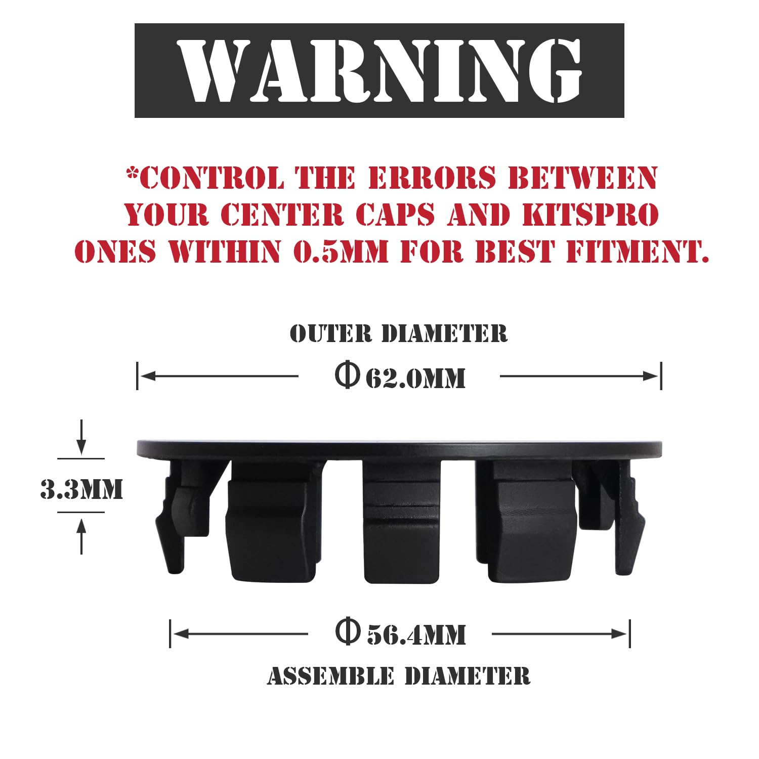 Kitspro 2.4Inch 62Mm Wheel Center Caps, Pack Of 4 (Matte Black, Outer 62Mm, Inner 56Mm)