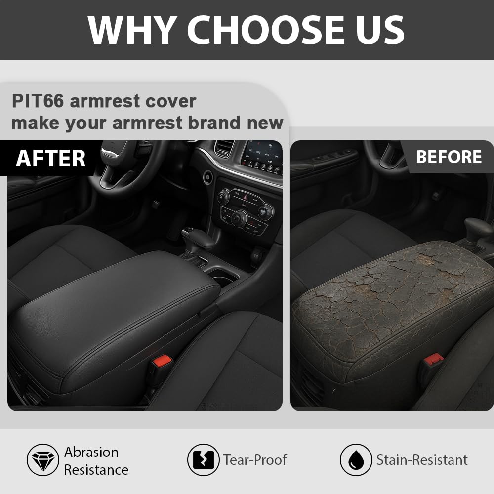 Pit66 Armrest Cover Replacement Center Console Lid Cover Compatible With Dodge Charger 2011-2023 Leather Black
