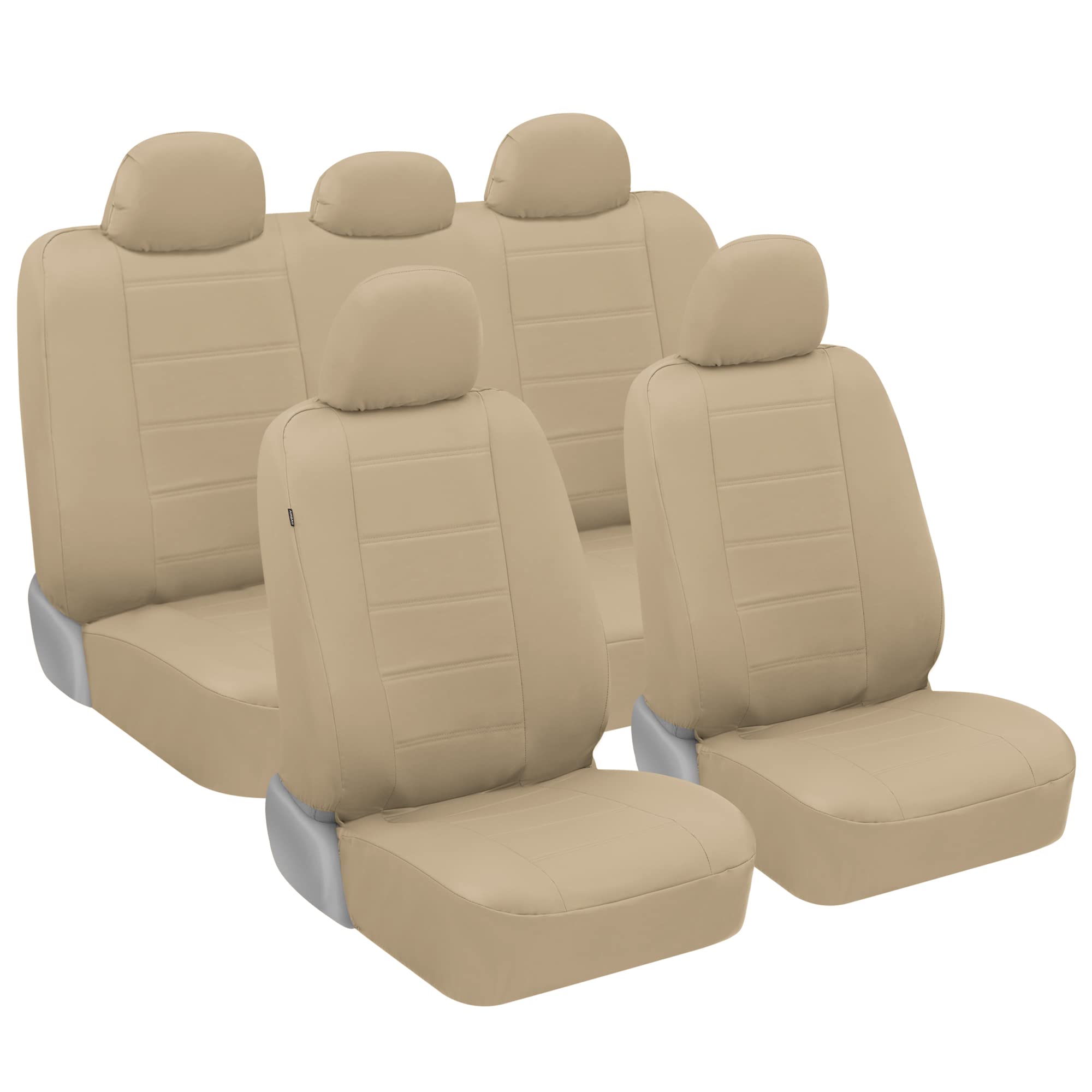 Bdk Carxs Beige Leather Car Seat Covers Universal Full Set, 9-Piece Faux Leather Seat Covers For Cars, Includes Front Seat Cover